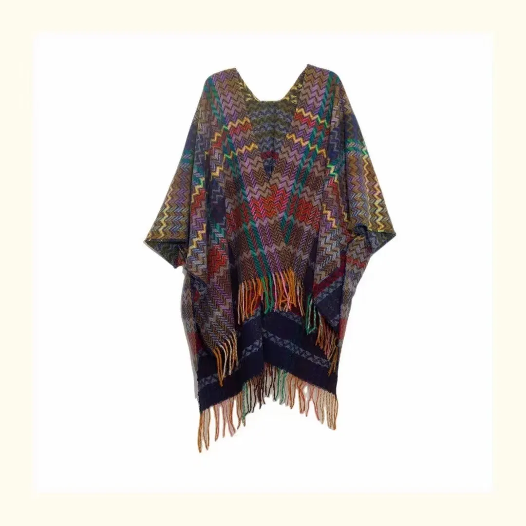 Pre Order:  Colorful Wave Striped Thick Tassel Split Cape