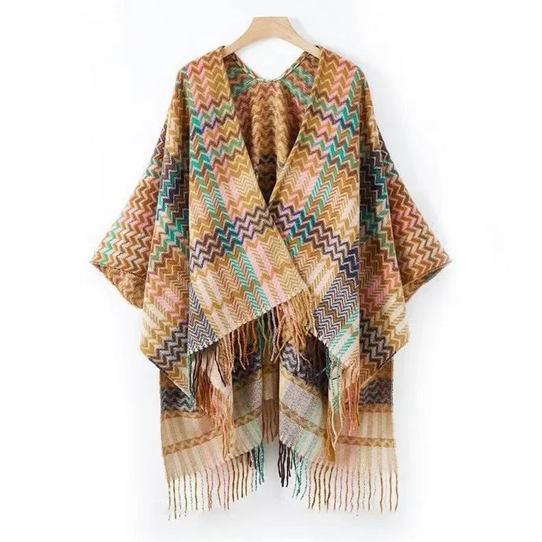 Pre Order:  Colorful Wave Striped Thick Tassel Split Cape