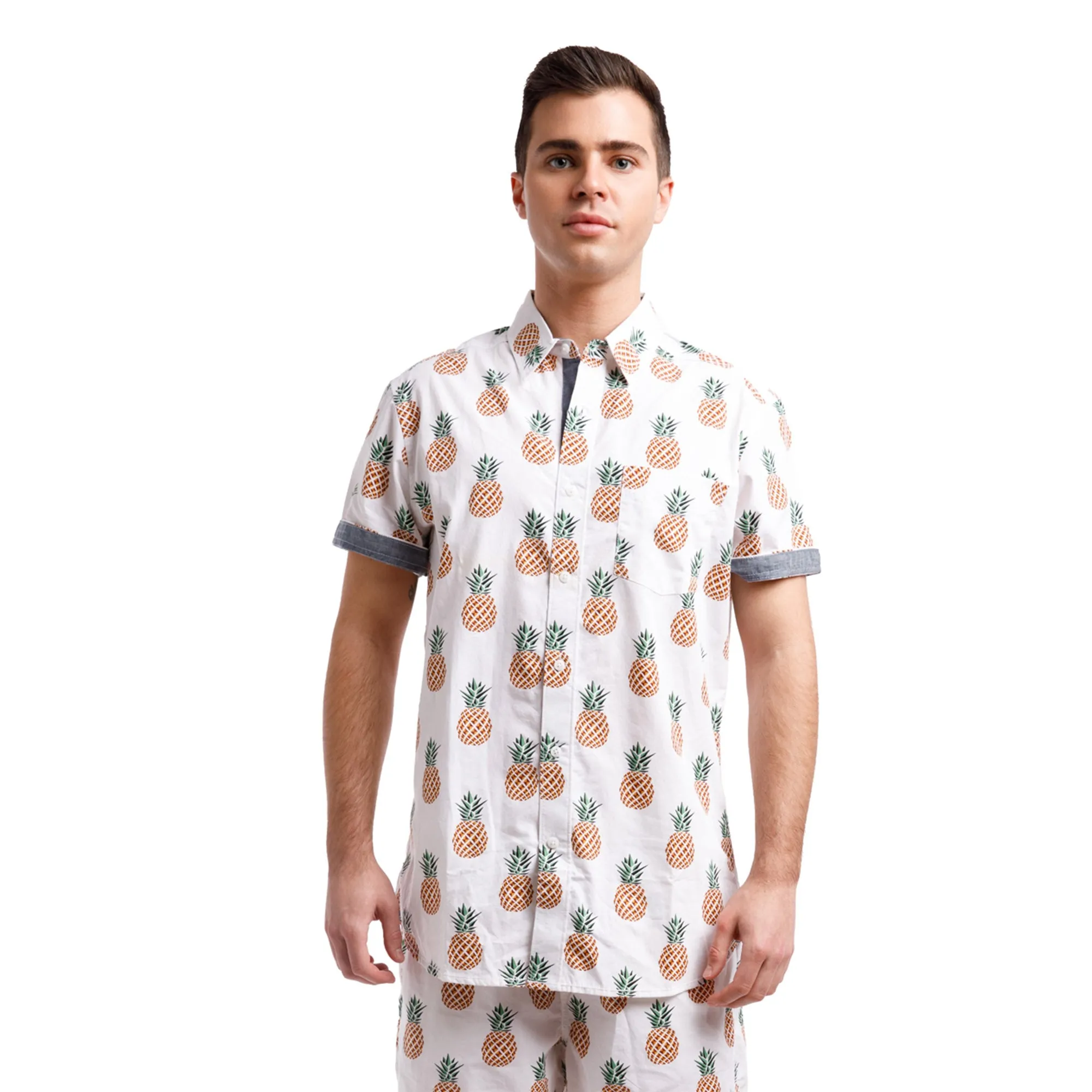 Printed Poplin Short Sleeve Button Up Shirt | Pineapples