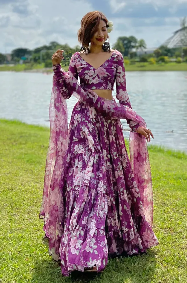 Purple Floral Printed Lehenga Choli with ruffled stitch pattern