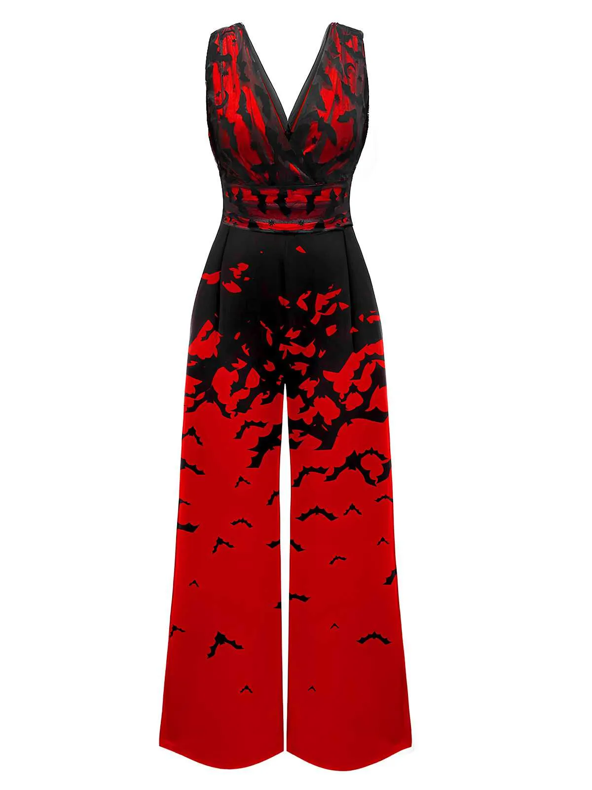 Red 1930s Halloween V-Neck Bat Jumpsuit