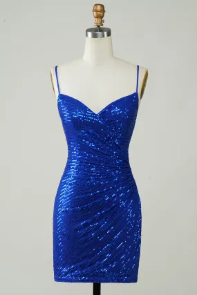 Royal Blue Sparkly Sequin Bodycon Spaghetti Strap Short Homecoming Dress