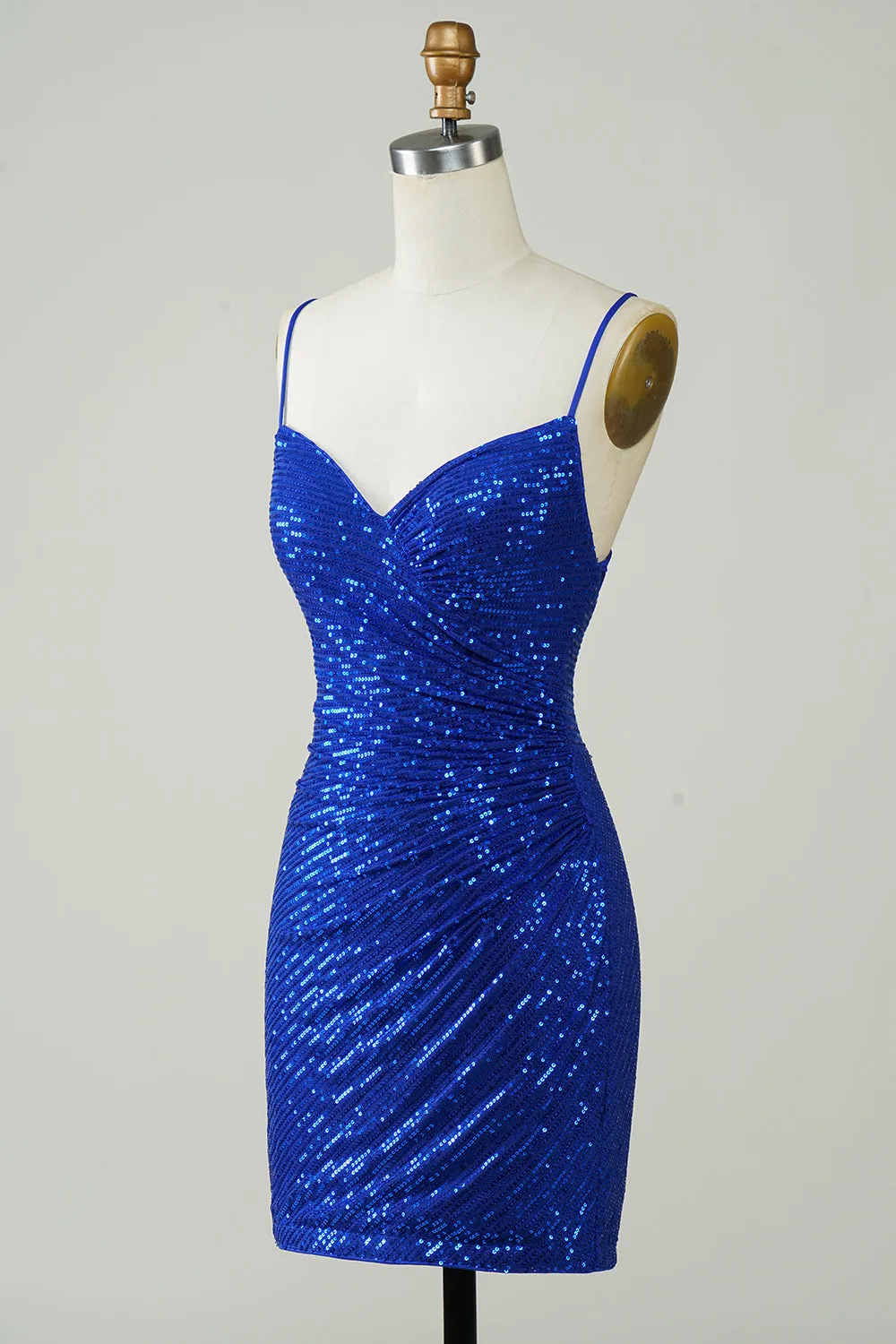 Royal Blue Sparkly Sequin Bodycon Spaghetti Strap Short Homecoming Dress