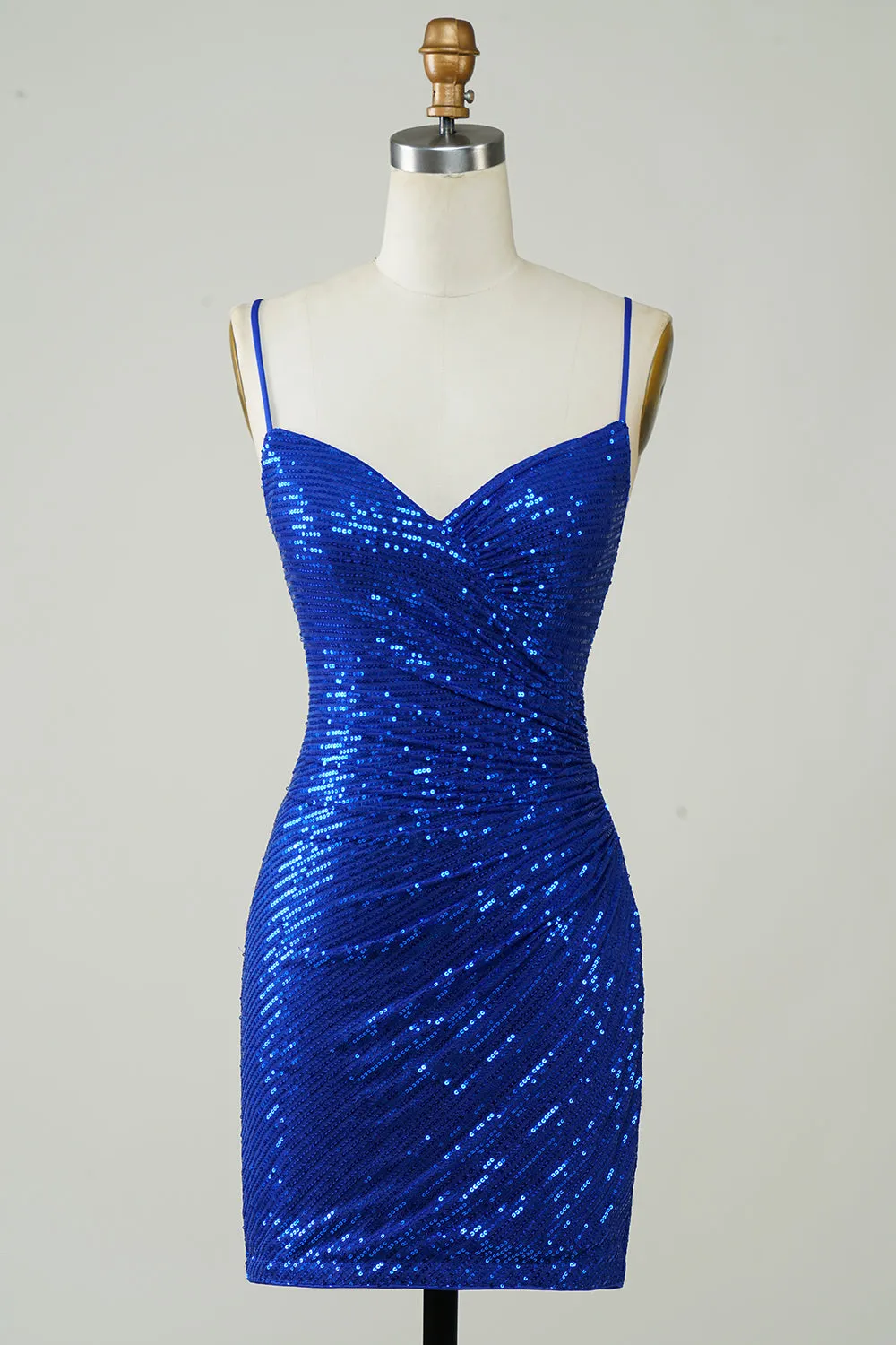 Royal Blue Sparkly Sequin Bodycon Spaghetti Strap Short Homecoming Dress