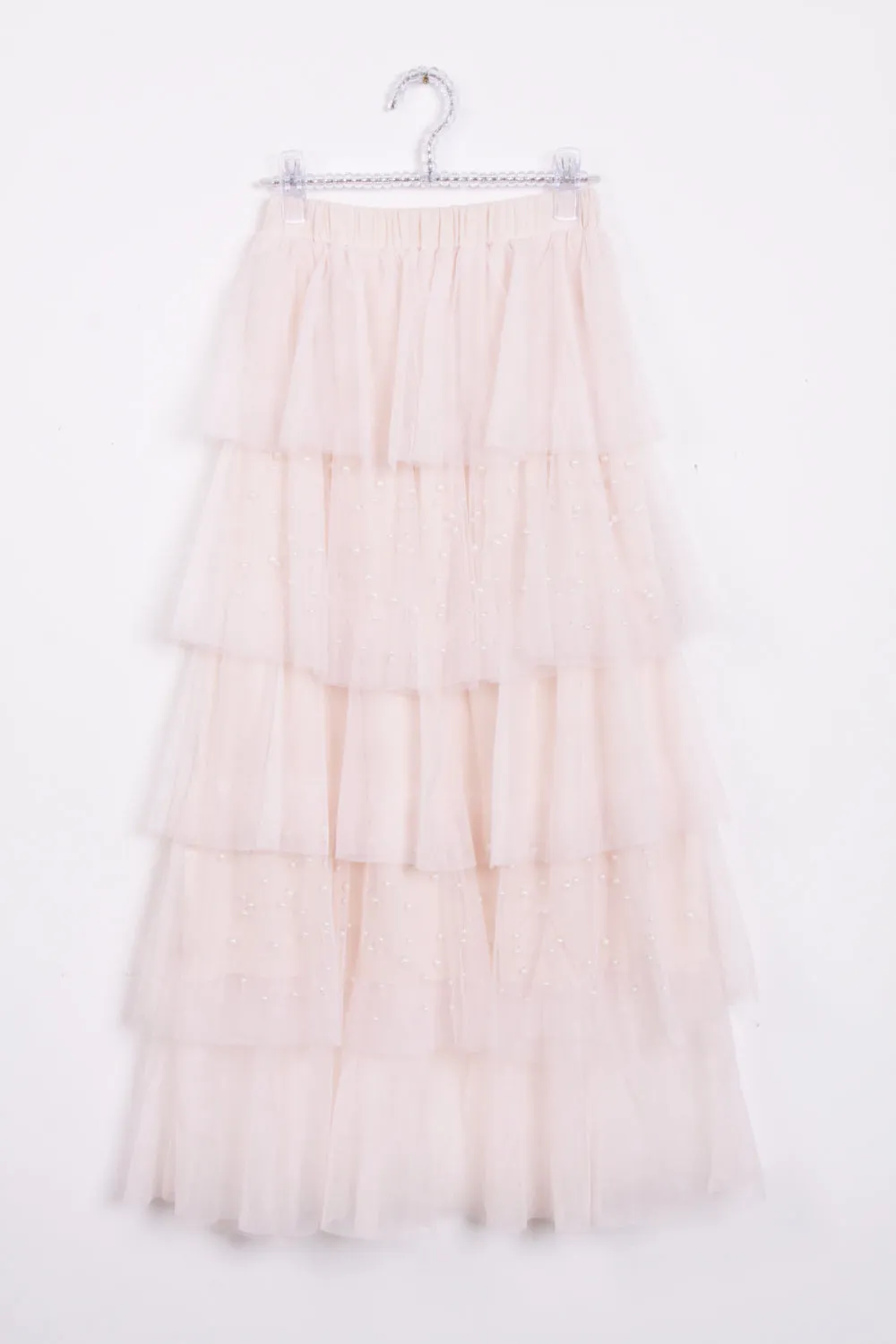 Ruffles Pearls Beading Mesh Tulle Long Skirt