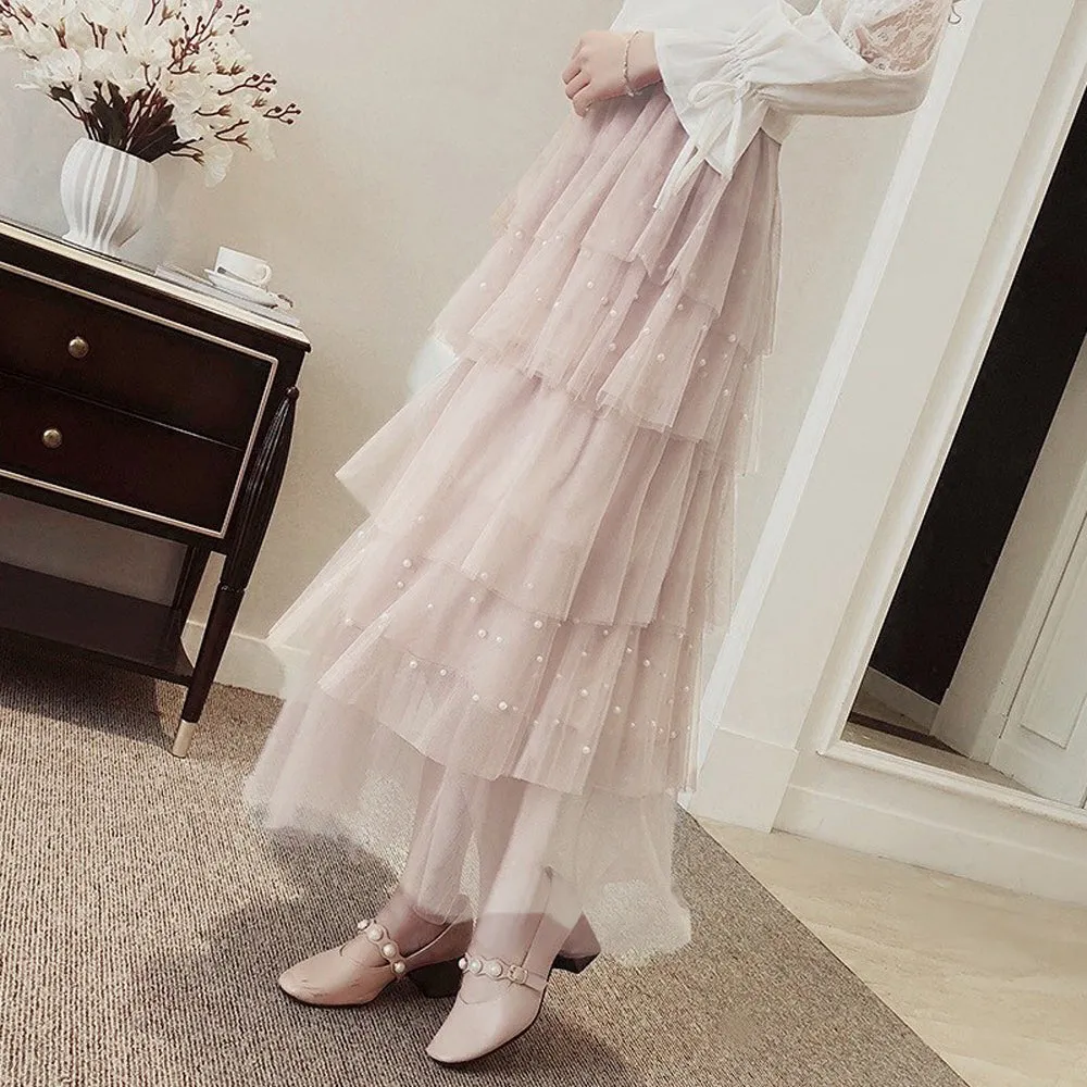 Ruffles Pearls Beading Mesh Tulle Long Skirt