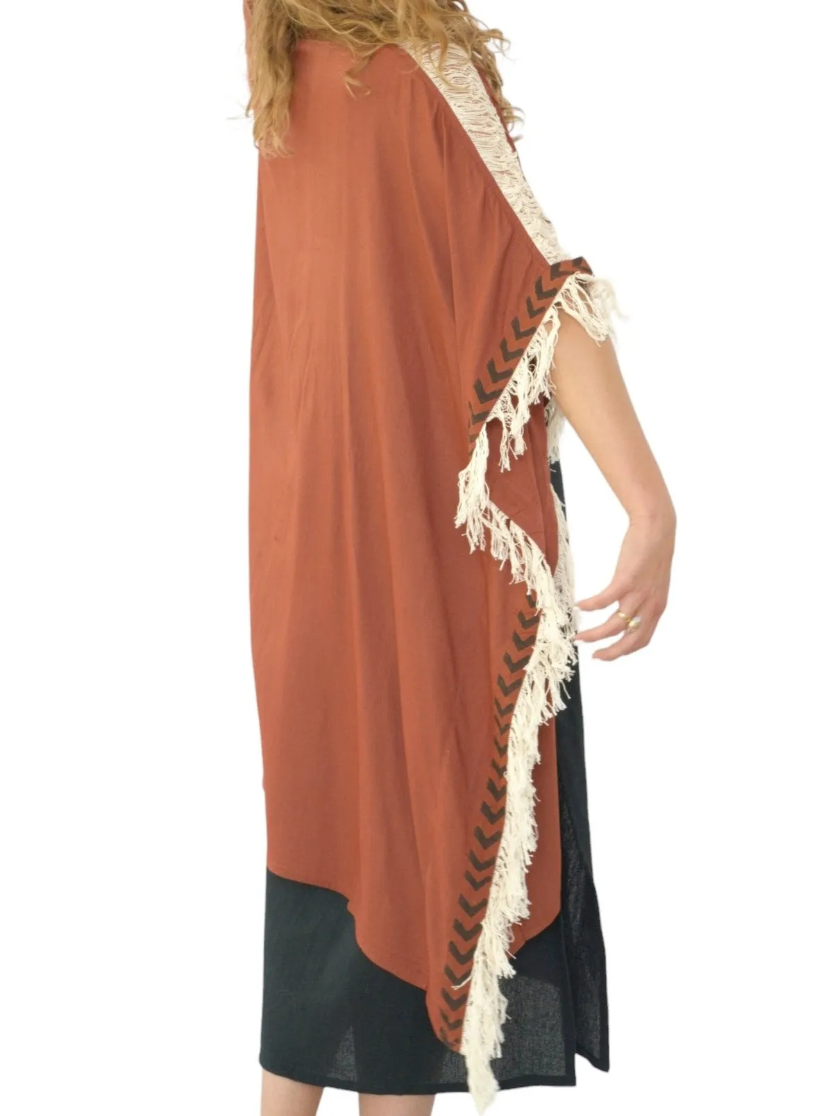 Rust Closed-Back Fringe Poncho