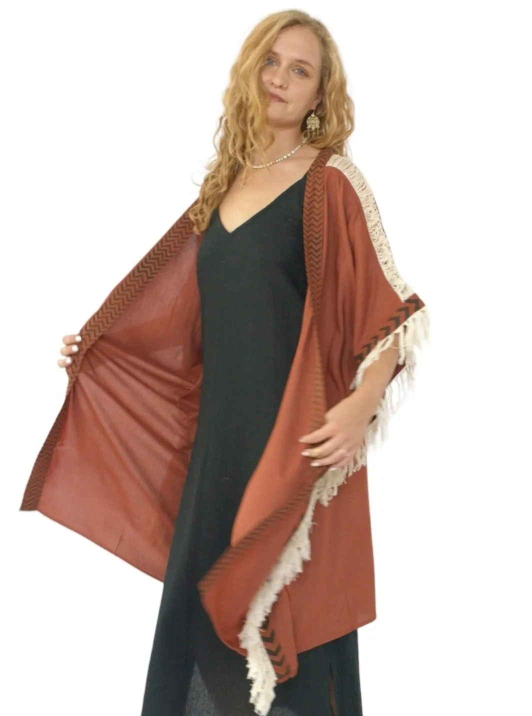 Rust Closed-Back Fringe Poncho