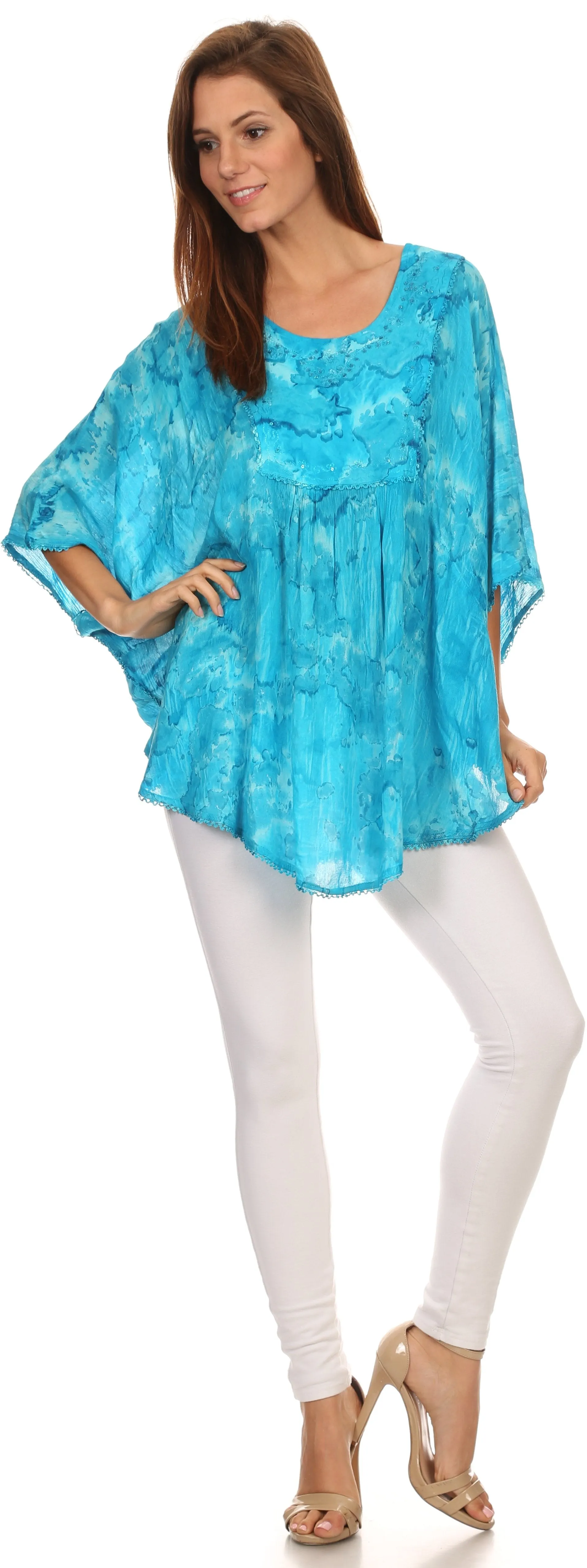 Sakkas Cleeo Long Wide Tie Dye Lace Embroidered Sequin Poncho Blouse Top Cover Up