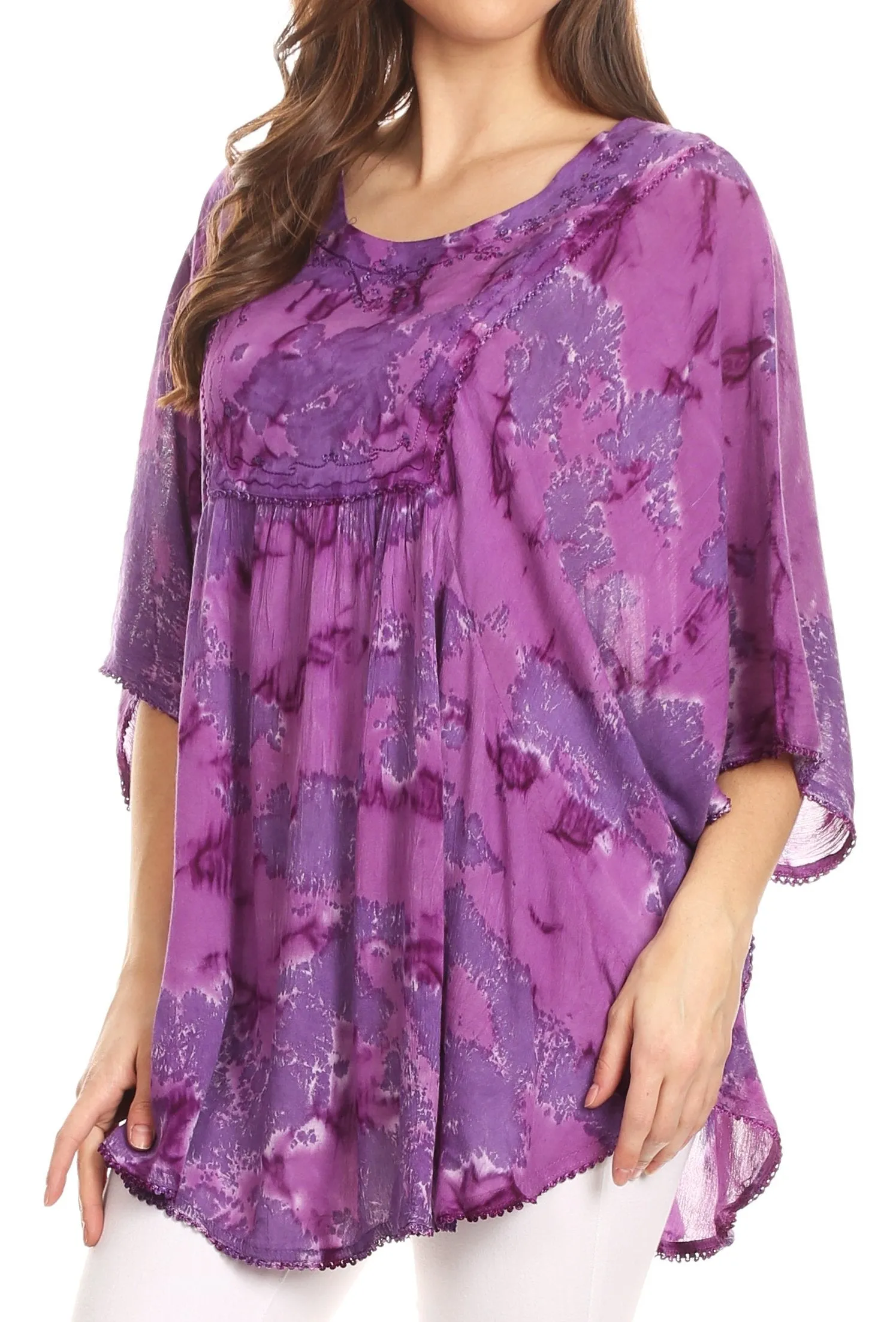 Sakkas Cleeo Long Wide Tie Dye Lace Embroidered Sequin Poncho Blouse Top Cover Up