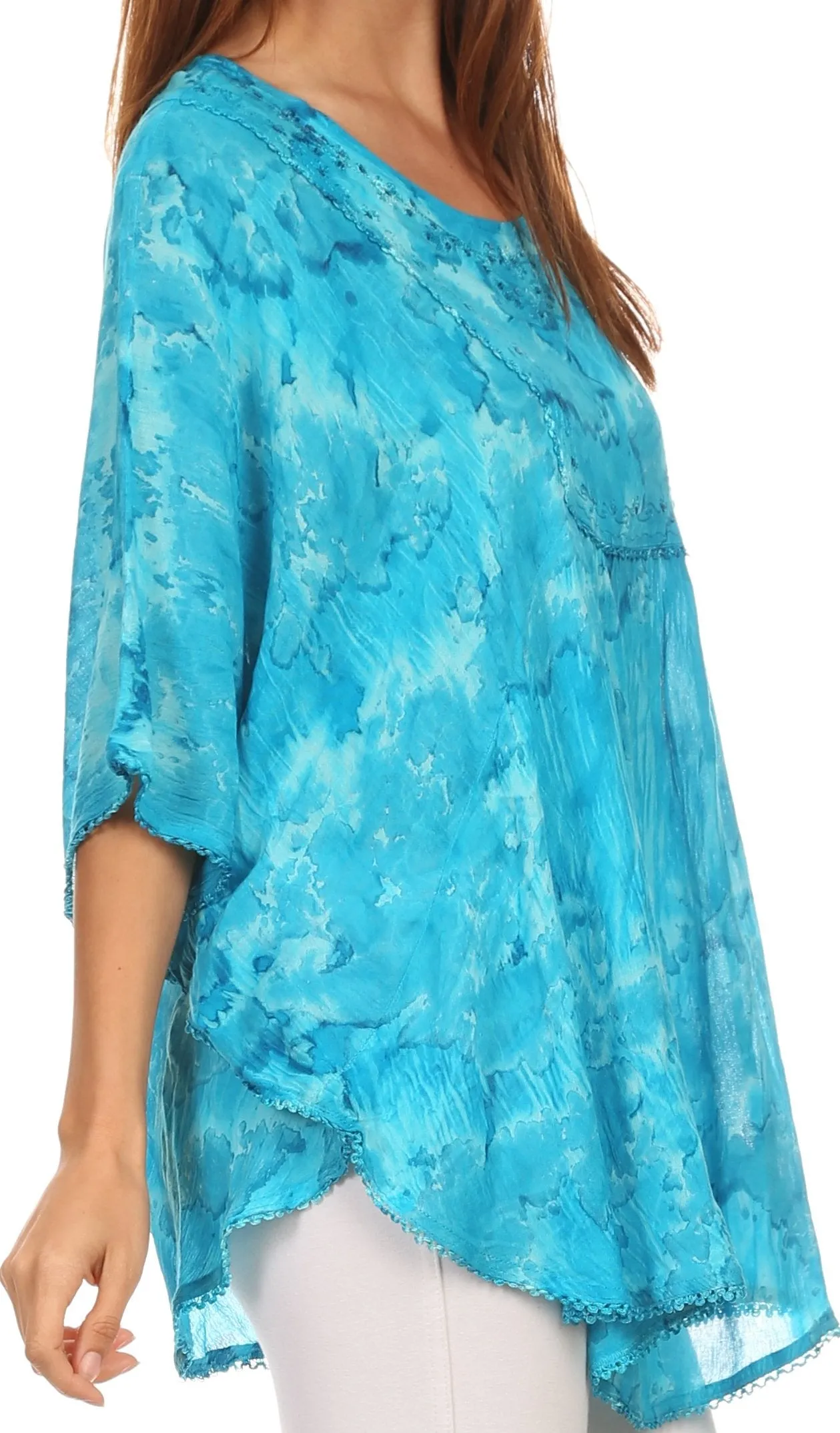 Sakkas Cleeo Long Wide Tie Dye Lace Embroidered Sequin Poncho Blouse Top Cover Up