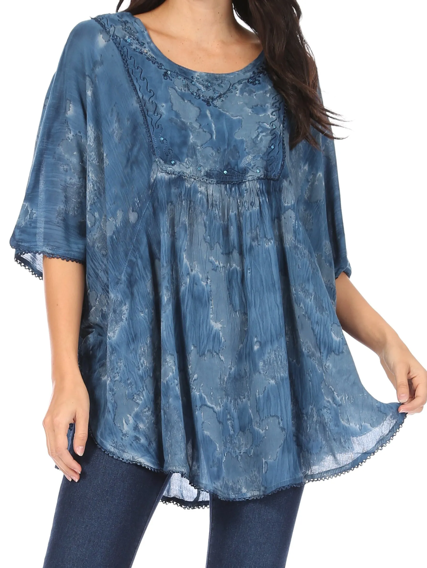 Sakkas Cleeo Long Wide Tie Dye Lace Embroidered Sequin Poncho Blouse Top Cover Up