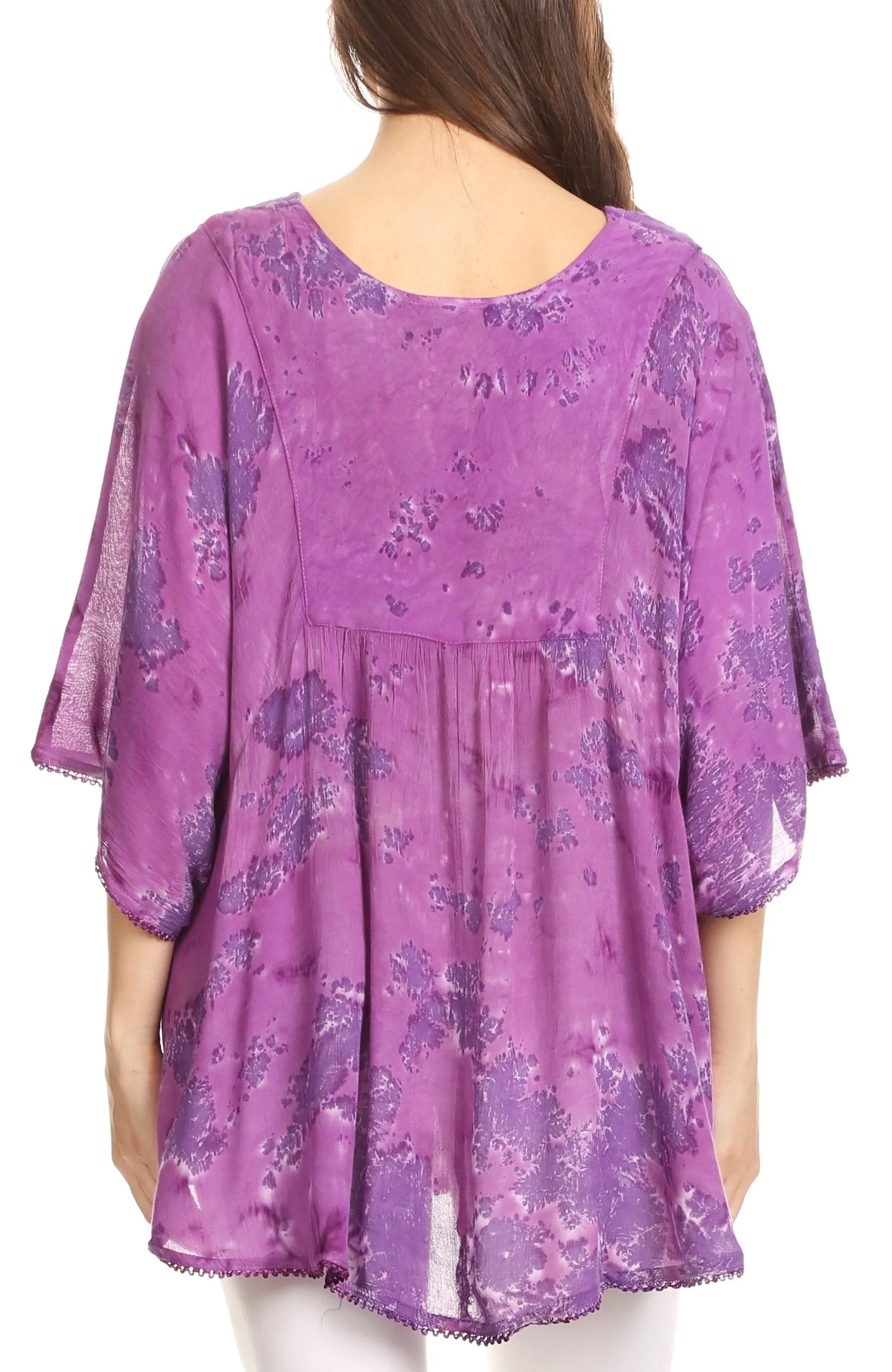 Sakkas Cleeo Long Wide Tie Dye Lace Embroidered Sequin Poncho Blouse Top Cover Up