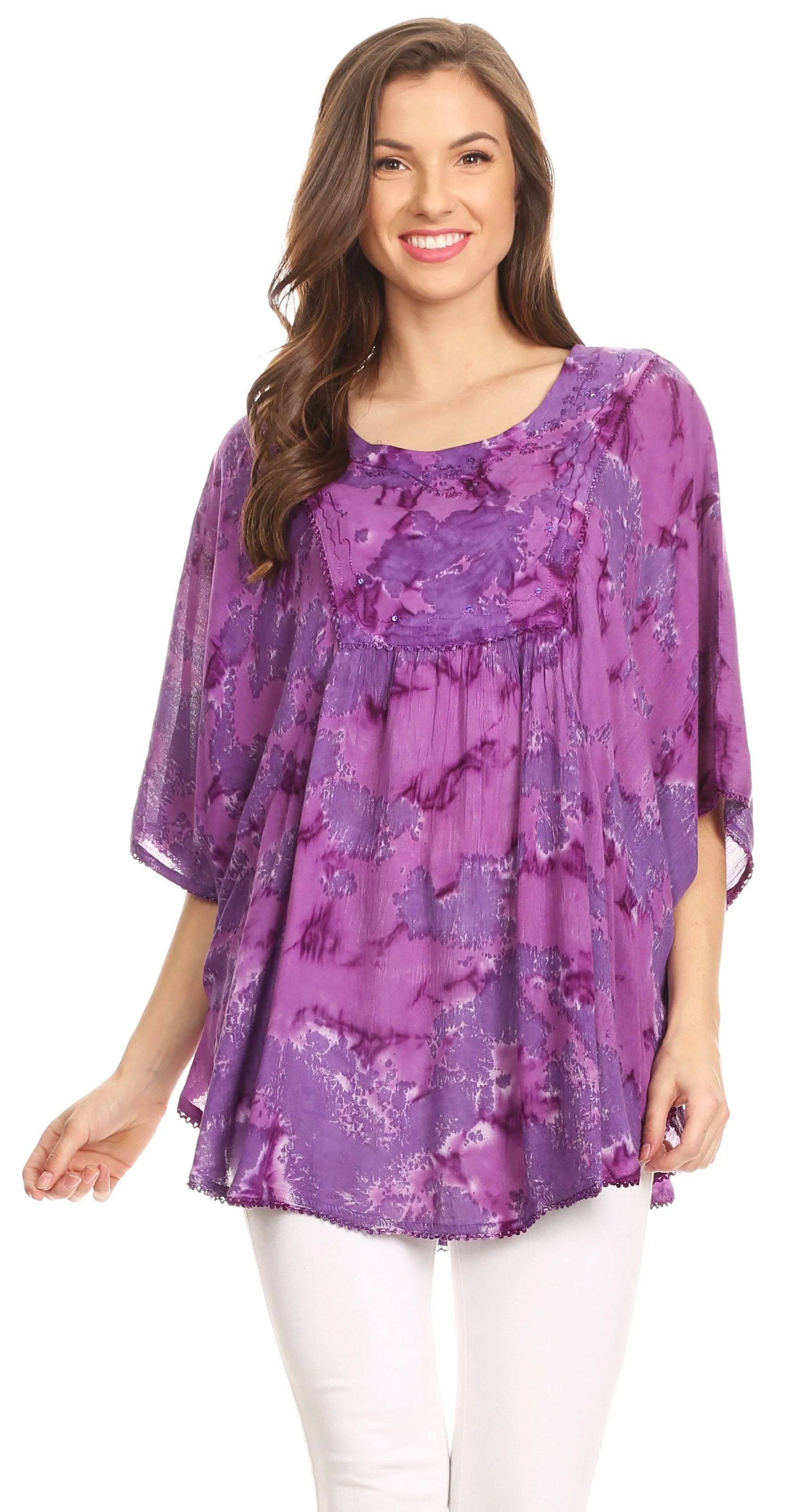 Sakkas Cleeo Long Wide Tie Dye Lace Embroidered Sequin Poncho Blouse Top Cover Up