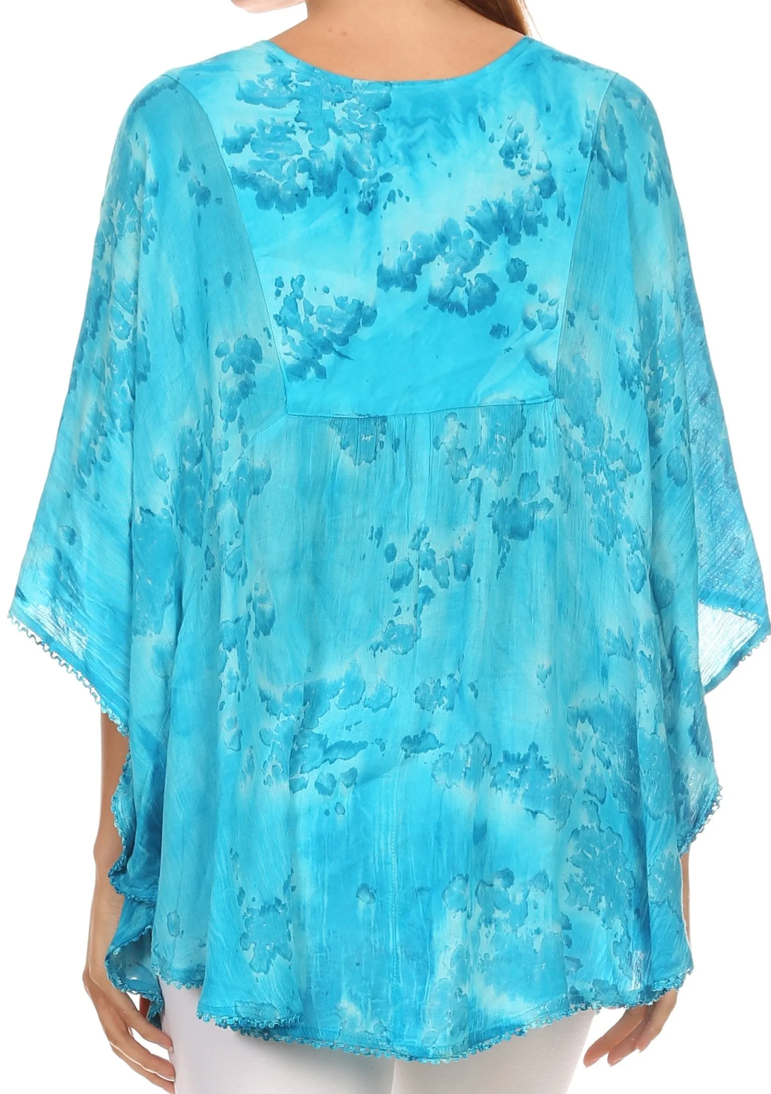 Sakkas Cleeo Long Wide Tie Dye Lace Embroidered Sequin Poncho Blouse Top Cover Up