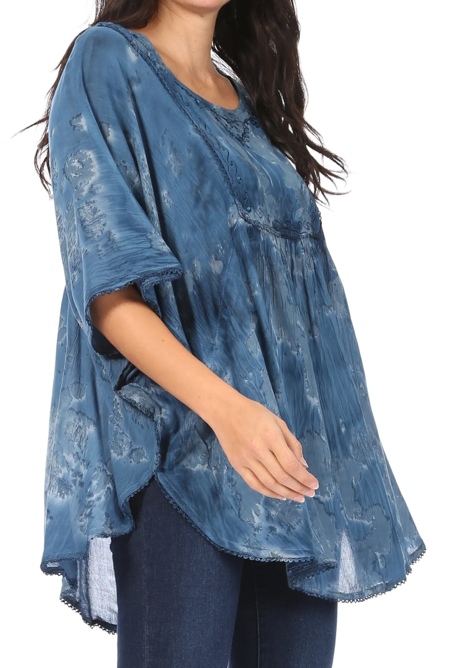 Sakkas Cleeo Long Wide Tie Dye Lace Embroidered Sequin Poncho Blouse Top Cover Up