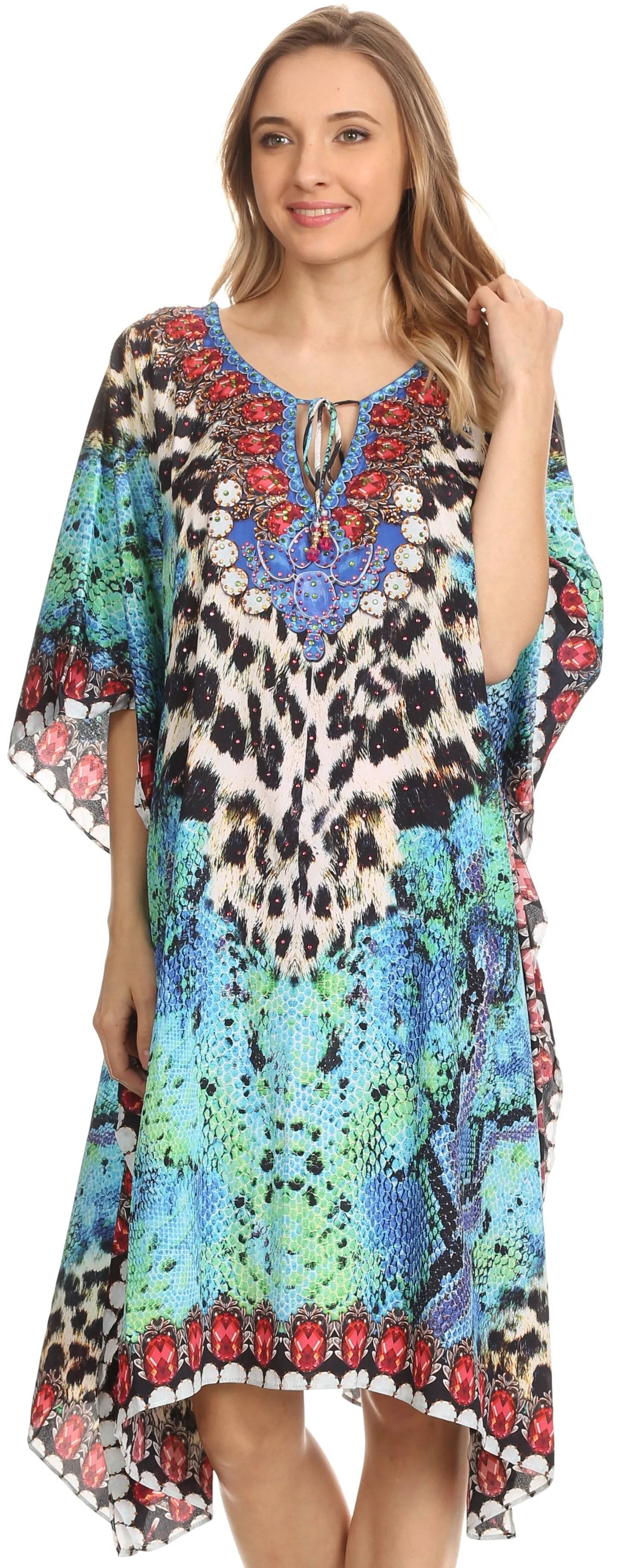 Sakkas Jenni Printed Caftan Dress / Cover Up With Adjustable Neck / Rhinestones