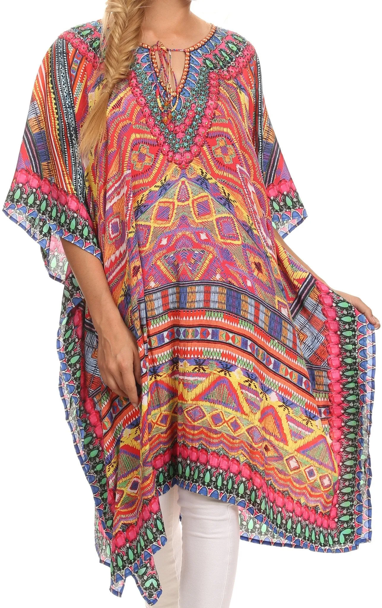 Sakkas Jenni Printed Caftan Dress / Cover Up With Adjustable Neck / Rhinestones