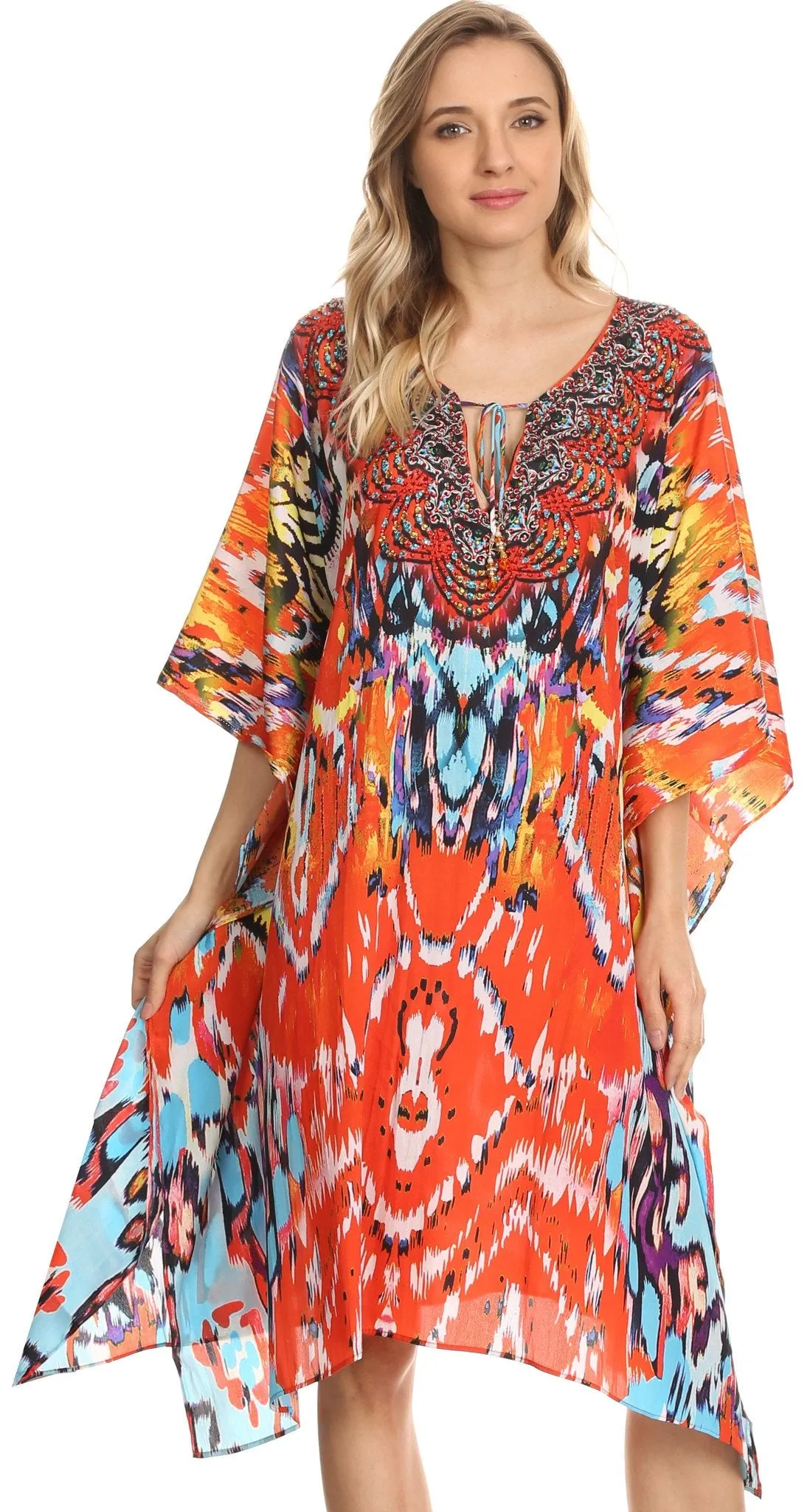 Sakkas Jenni Printed Caftan Dress / Cover Up With Adjustable Neck / Rhinestones