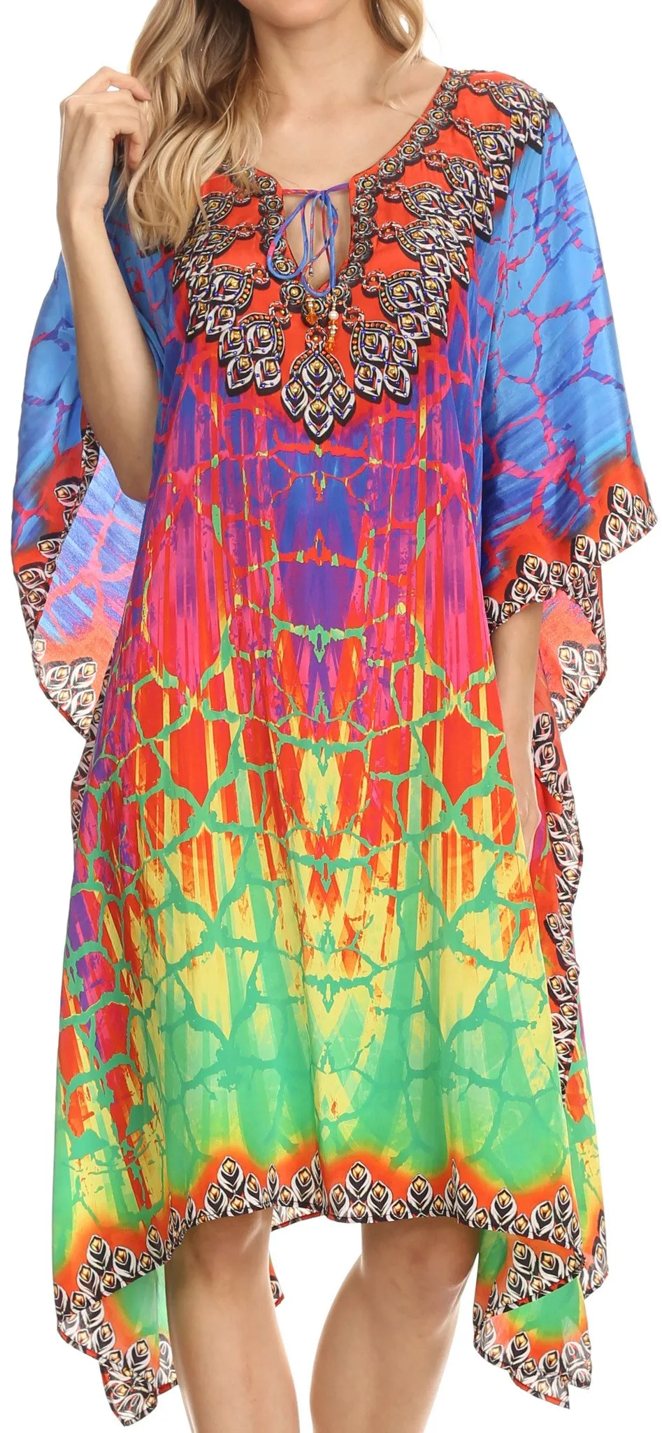 Sakkas Jenni Printed Caftan Dress / Cover Up With Adjustable Neck / Rhinestones