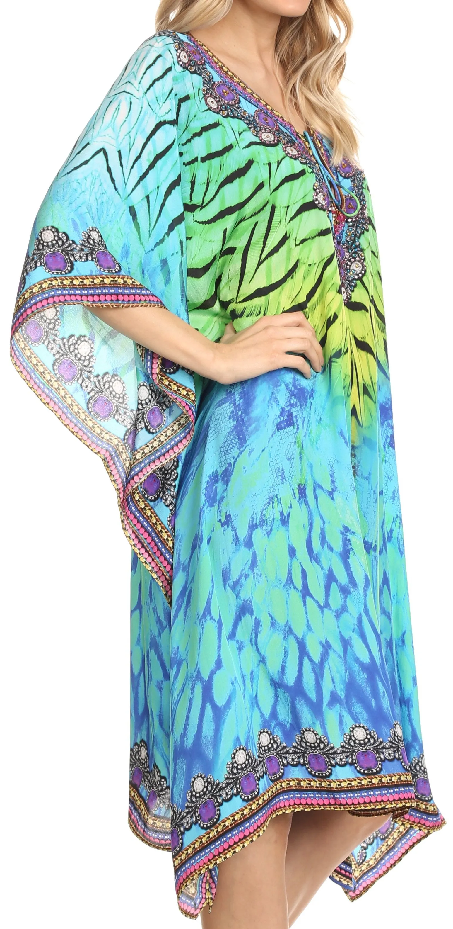 Sakkas Jenni Printed Caftan Dress / Cover Up With Adjustable Neck / Rhinestones