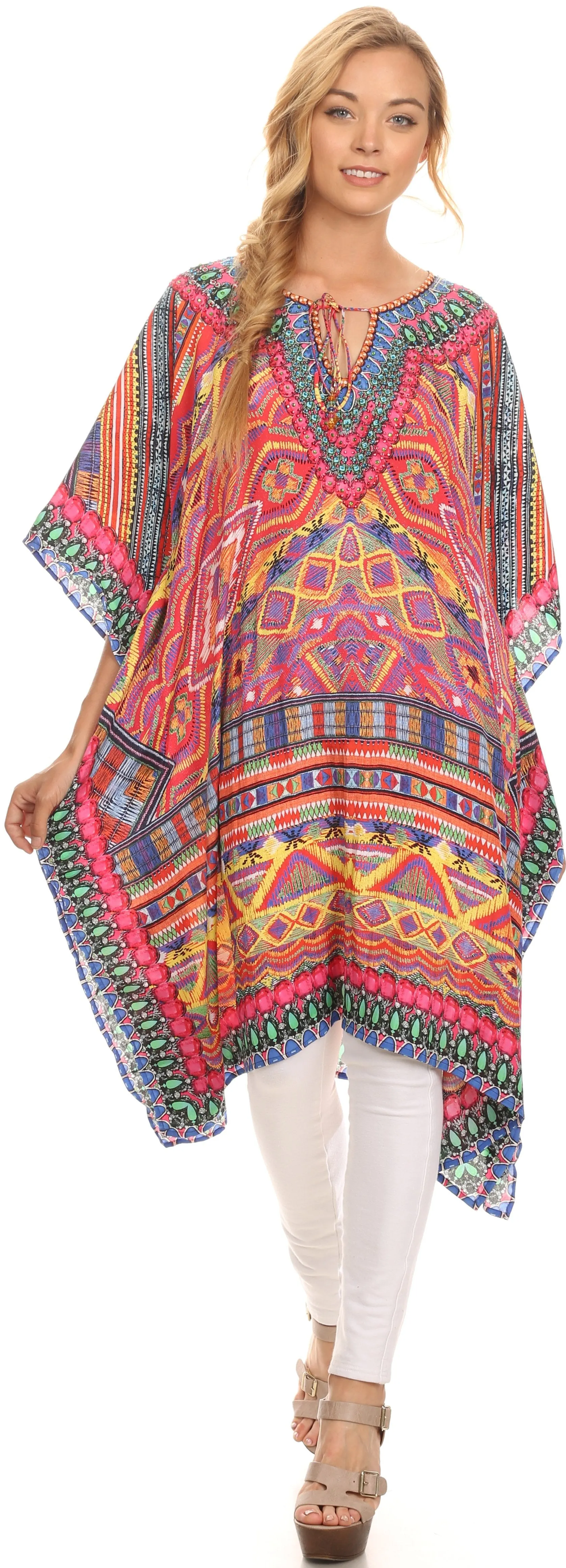 Sakkas Jenni Printed Caftan Dress / Cover Up With Adjustable Neck / Rhinestones