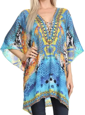 Sakkas Journie Short Printed Wide Sleeve Plunging V-Neck Lace-Up Kaftan Tunic Top