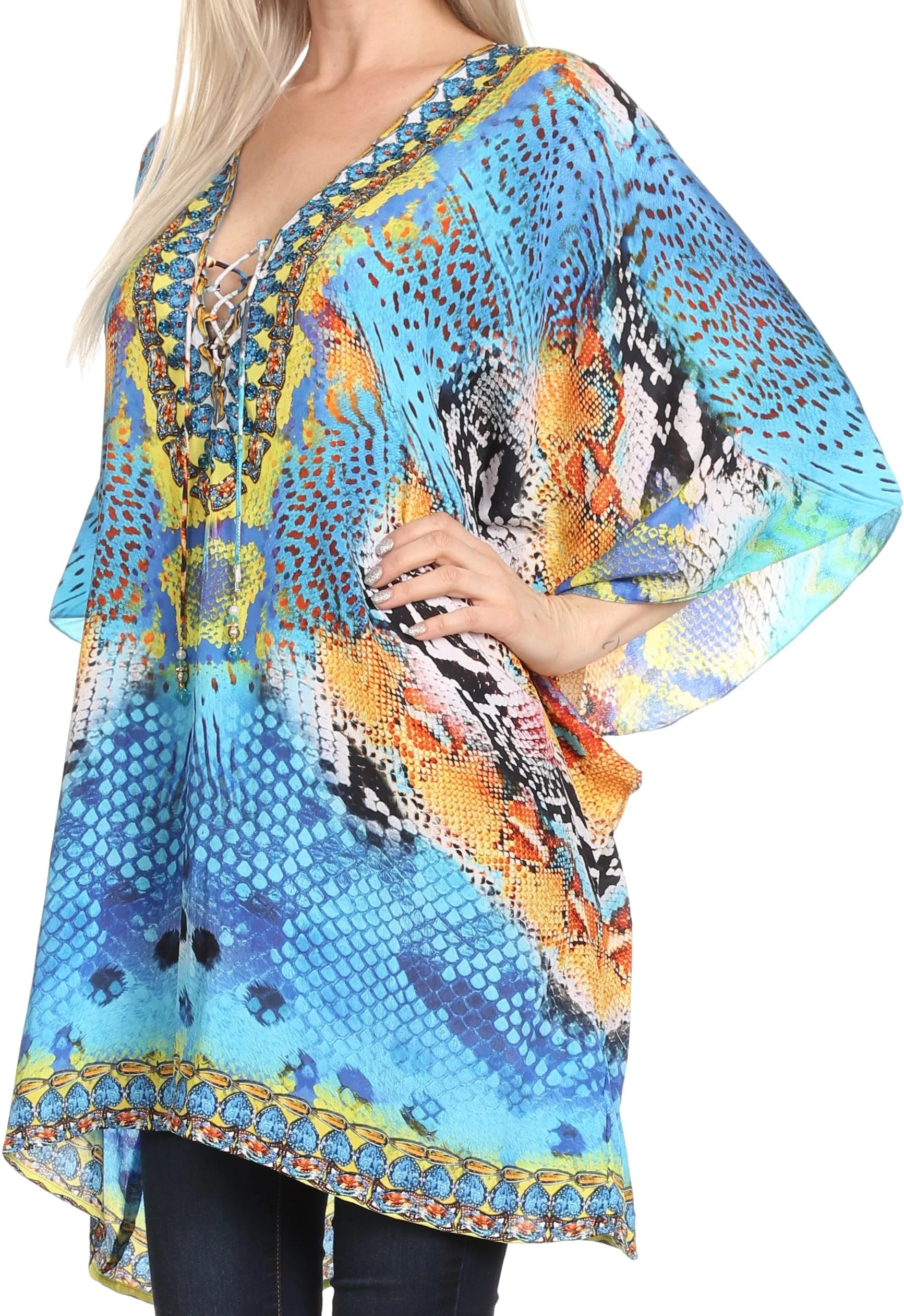 Sakkas Journie Short Printed Wide Sleeve Plunging V-Neck Lace-Up Kaftan Tunic Top