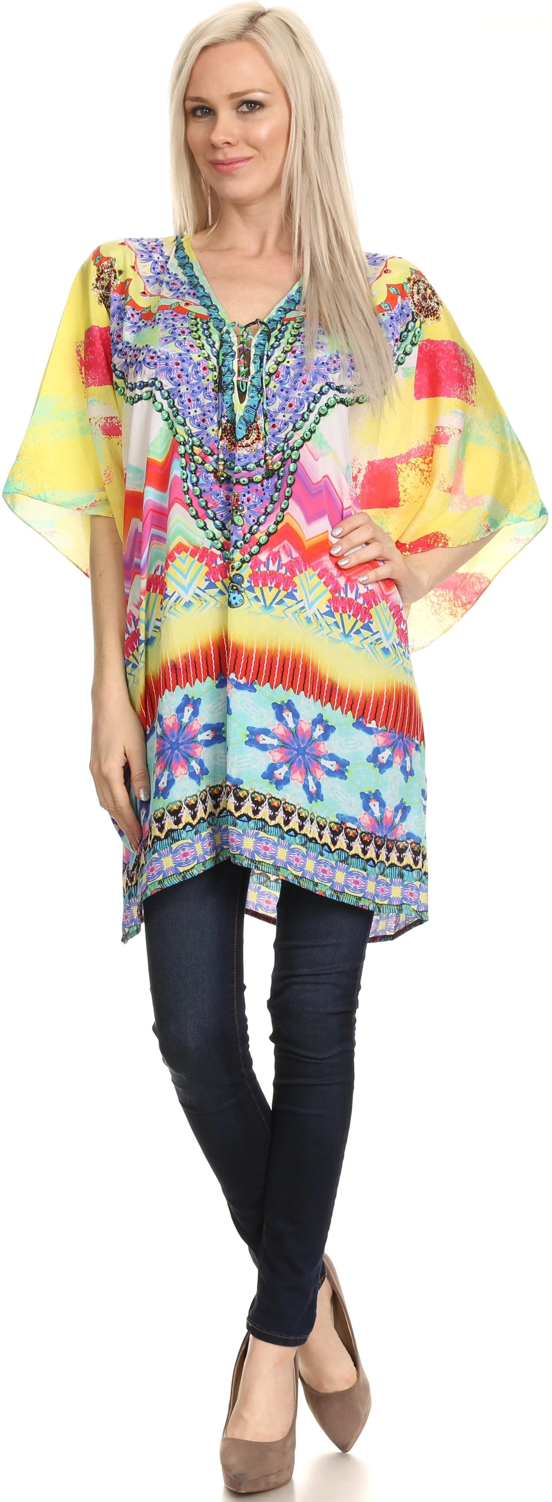 Sakkas Journie Short Printed Wide Sleeve Plunging V-Neck Lace-Up Kaftan Tunic Top