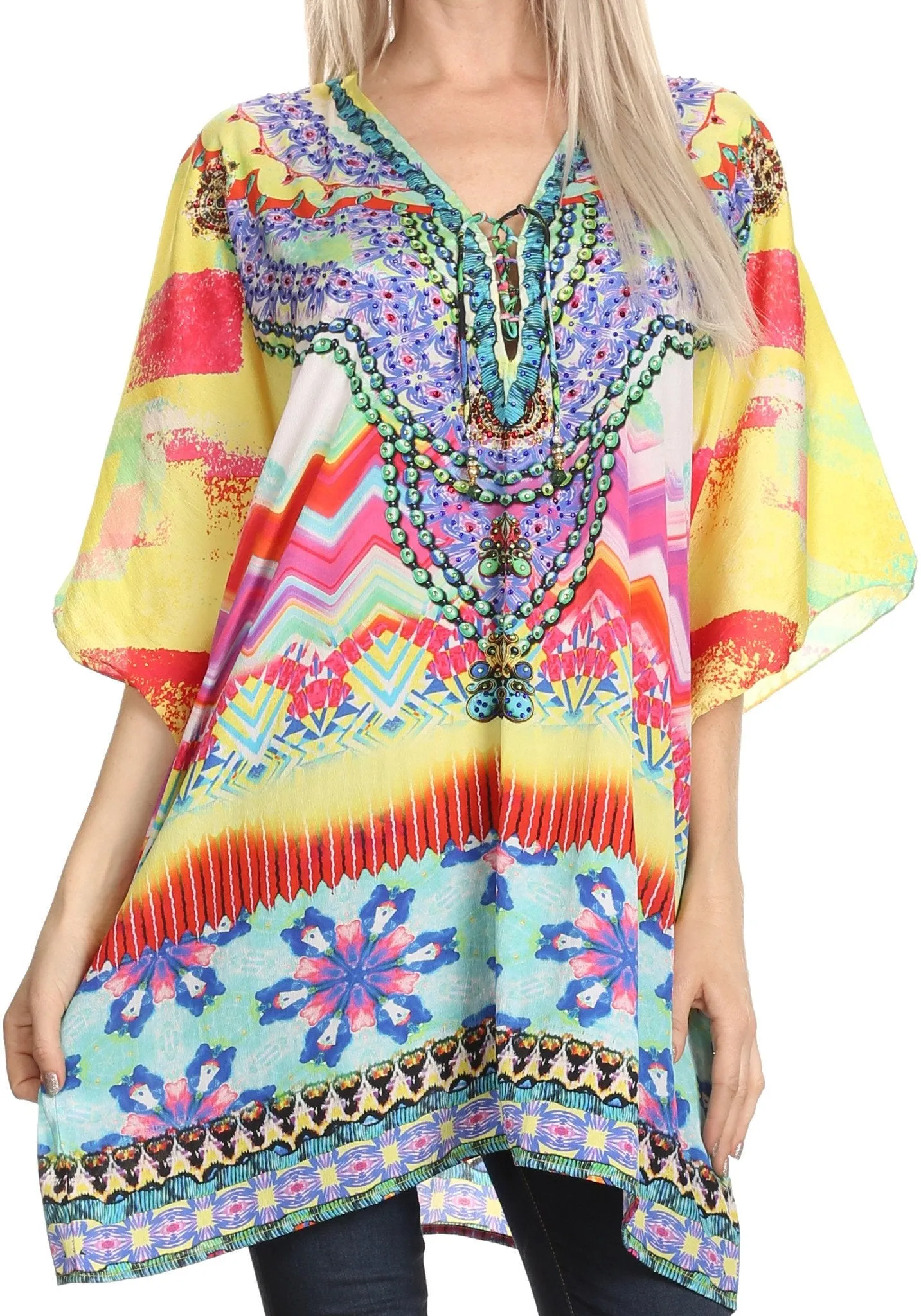 Sakkas Journie Short Printed Wide Sleeve Plunging V-Neck Lace-Up Kaftan Tunic Top