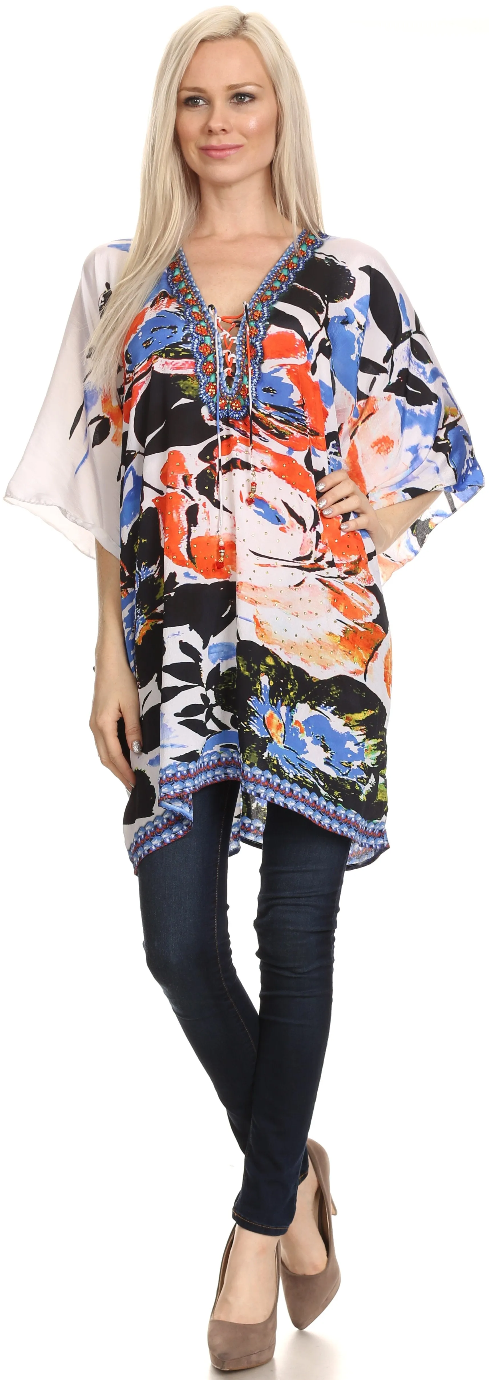 Sakkas Journie Short Printed Wide Sleeve Plunging V-Neck Lace-Up Kaftan Tunic Top