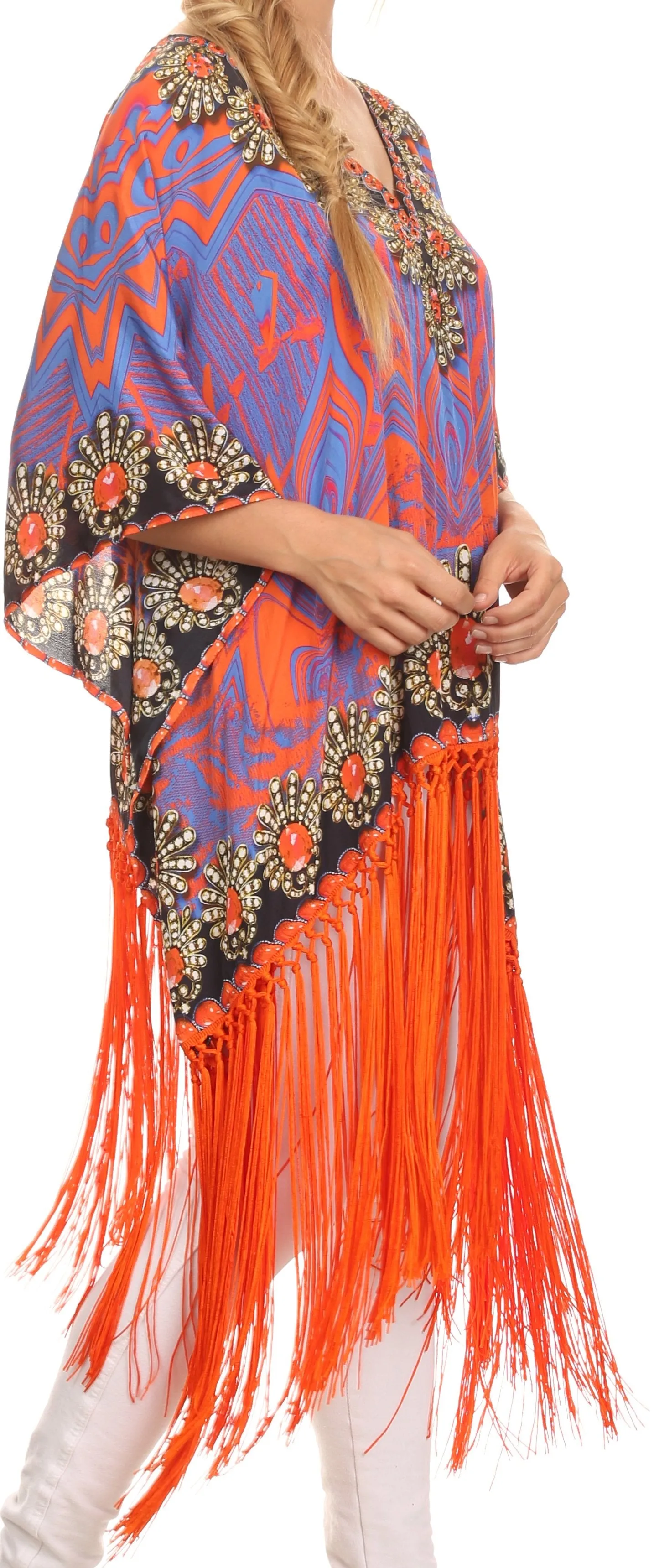 Sakkas Keagan Mid Length Poncho Blouse Shirt Top With Fringe And Tribal Print