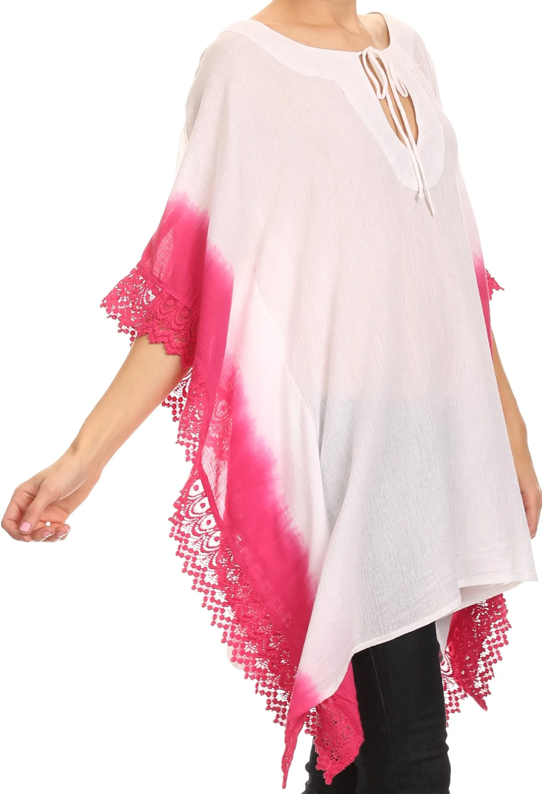 Sakkas Konn Adjustable Draw String Neck Embroidered Long Poncho Shirt Blouse Top