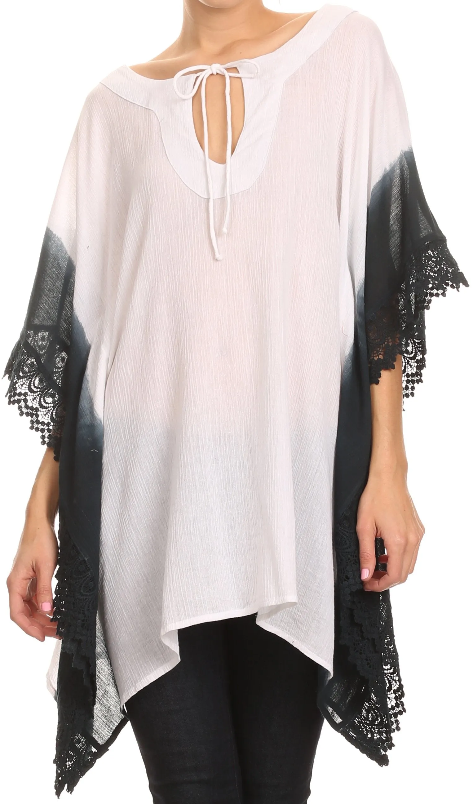 Sakkas Konn Adjustable Draw String Neck Embroidered Long Poncho Shirt Blouse Top