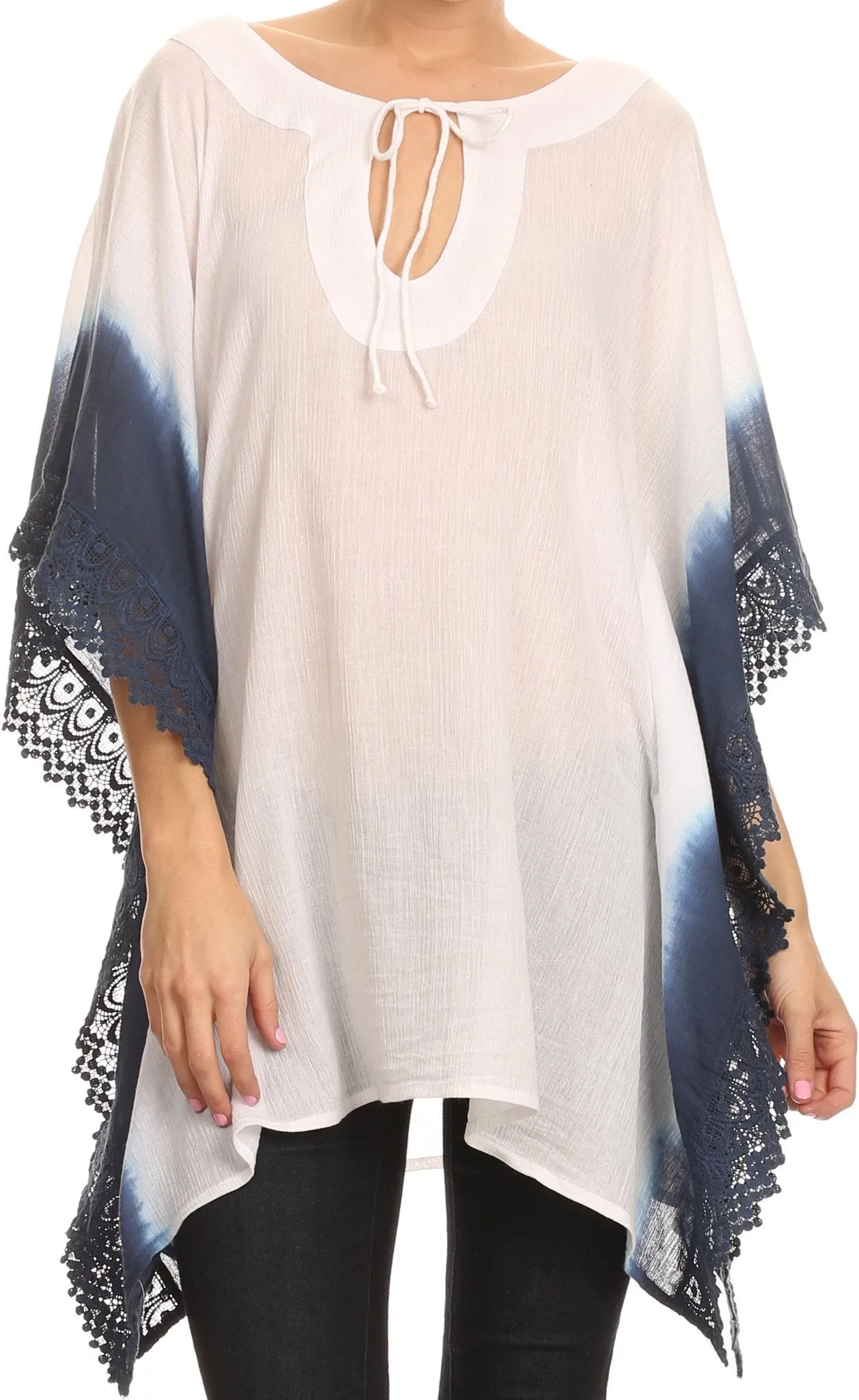 Sakkas Konn Adjustable Draw String Neck Embroidered Long Poncho Shirt Blouse Top