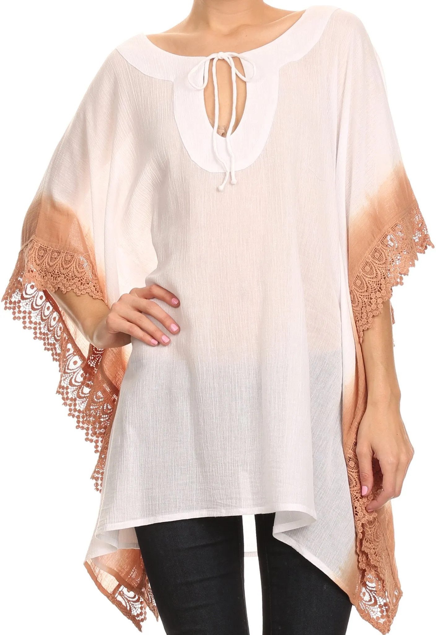 Sakkas Konn Adjustable Draw String Neck Embroidered Long Poncho Shirt Blouse Top