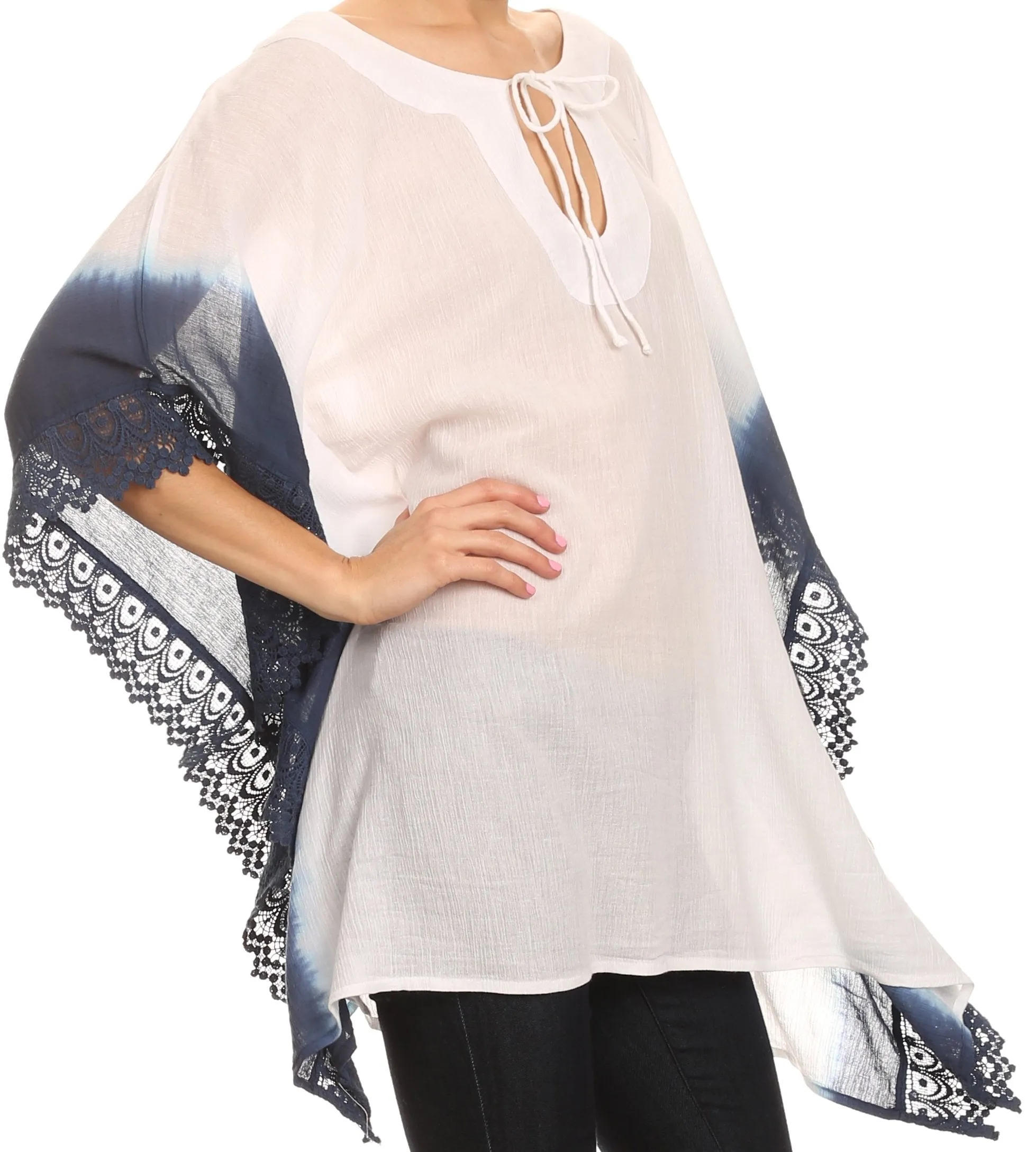 Sakkas Konn Adjustable Draw String Neck Embroidered Long Poncho Shirt Blouse Top