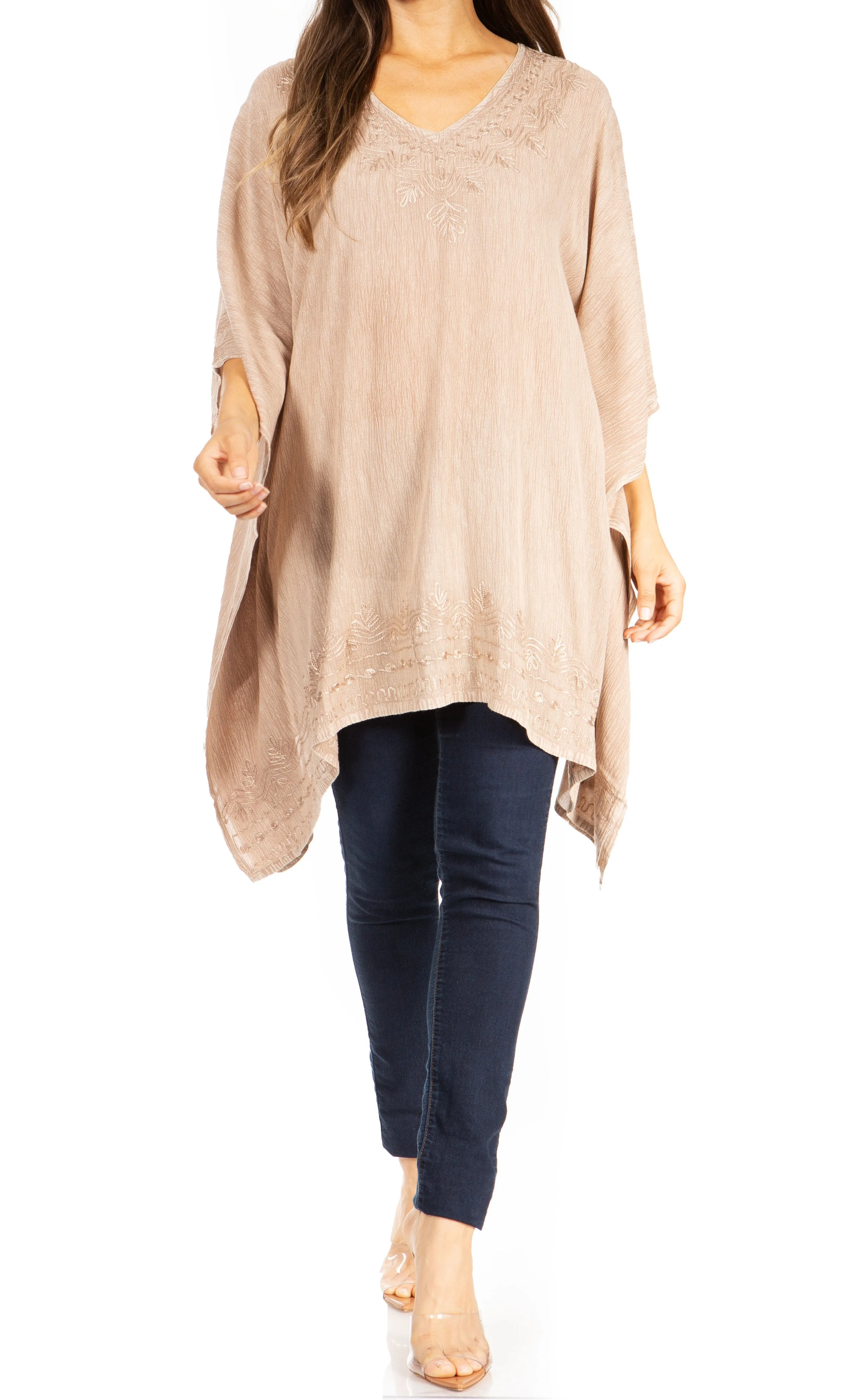 Sakkas Wren Lightweight Circle Poncho Top Blouse With Detailed Embroidery