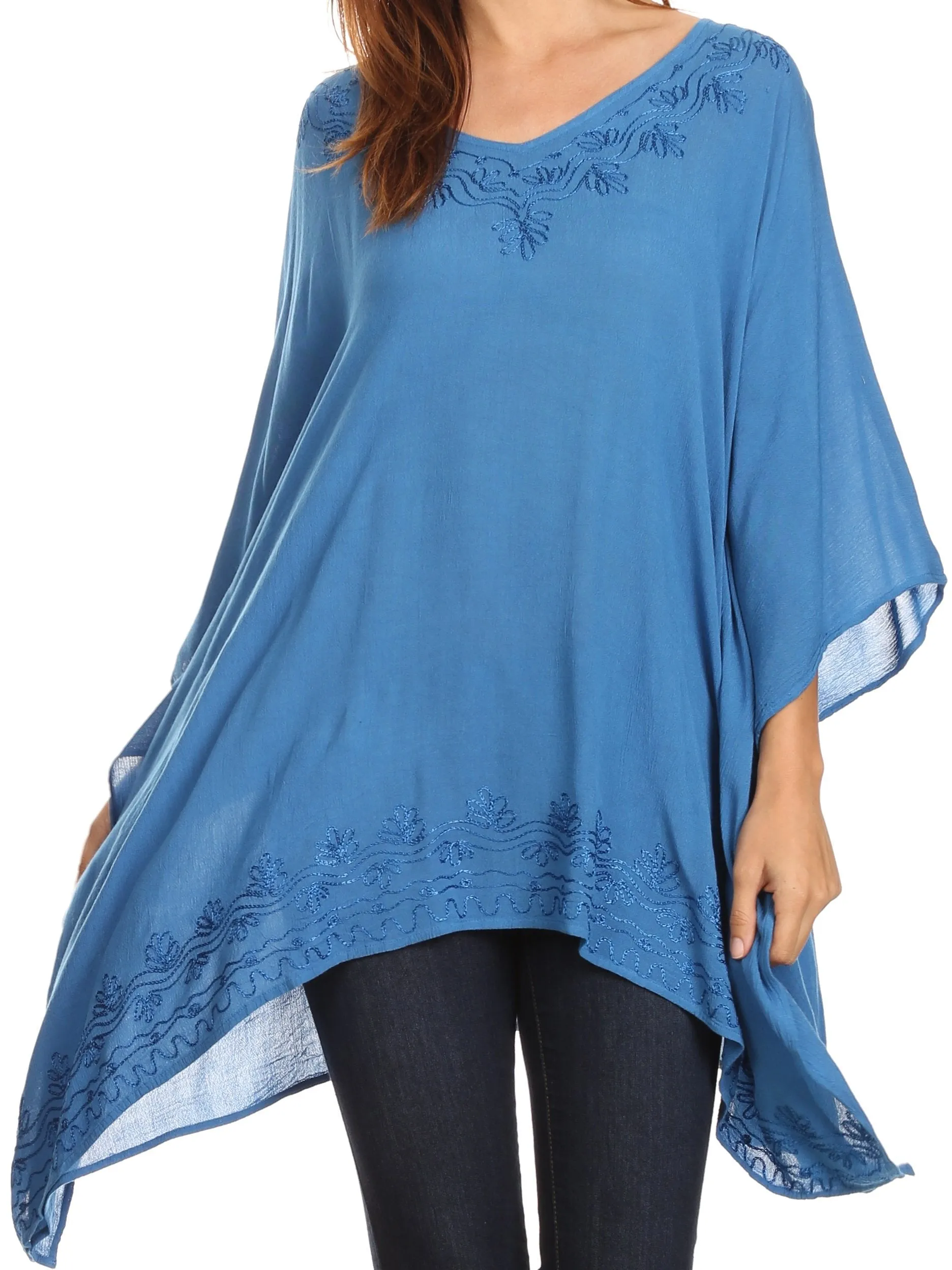 Sakkas Wren Lightweight Circle Poncho Top Blouse With Detailed Embroidery