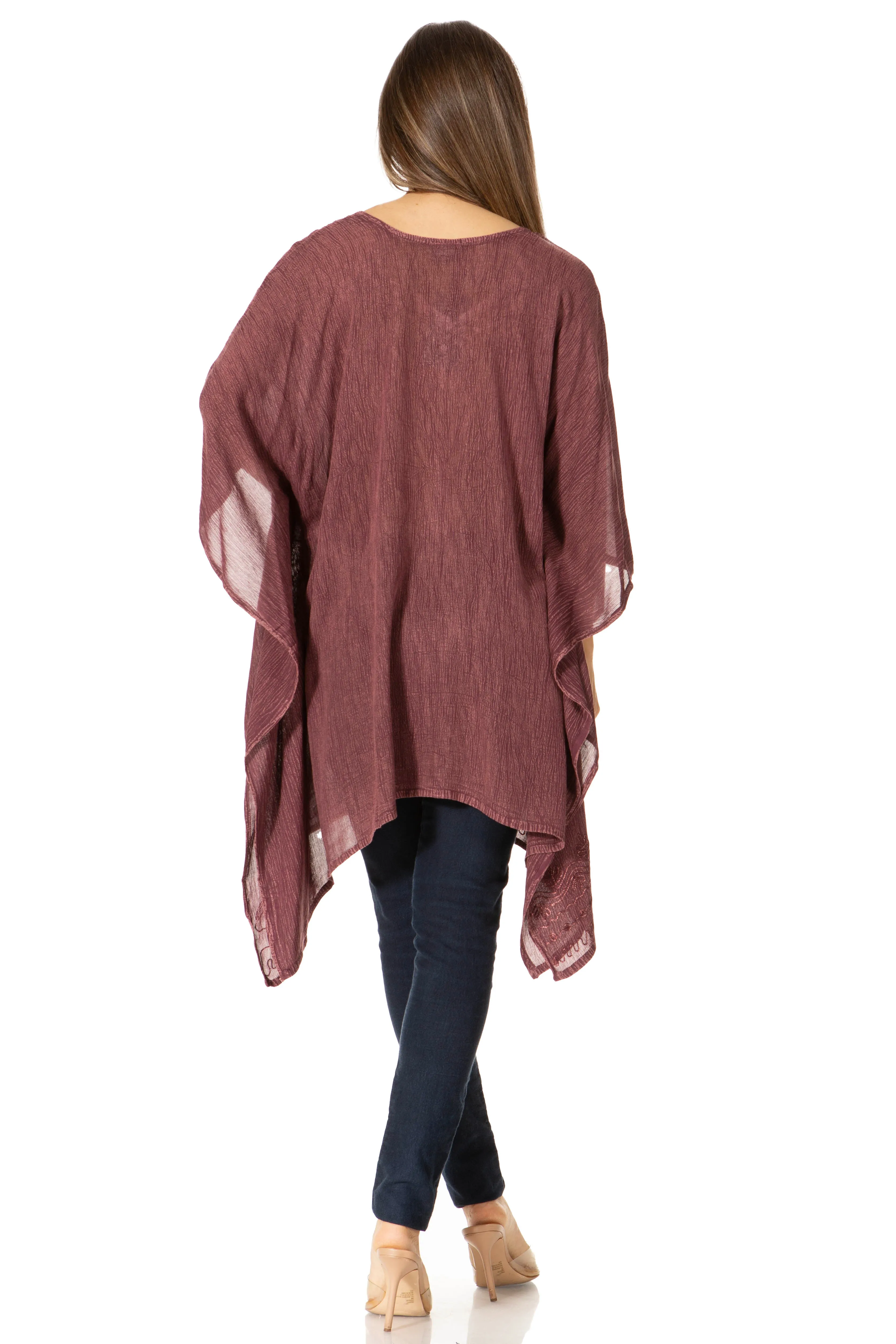 Sakkas Wren Lightweight Circle Poncho Top Blouse With Detailed Embroidery