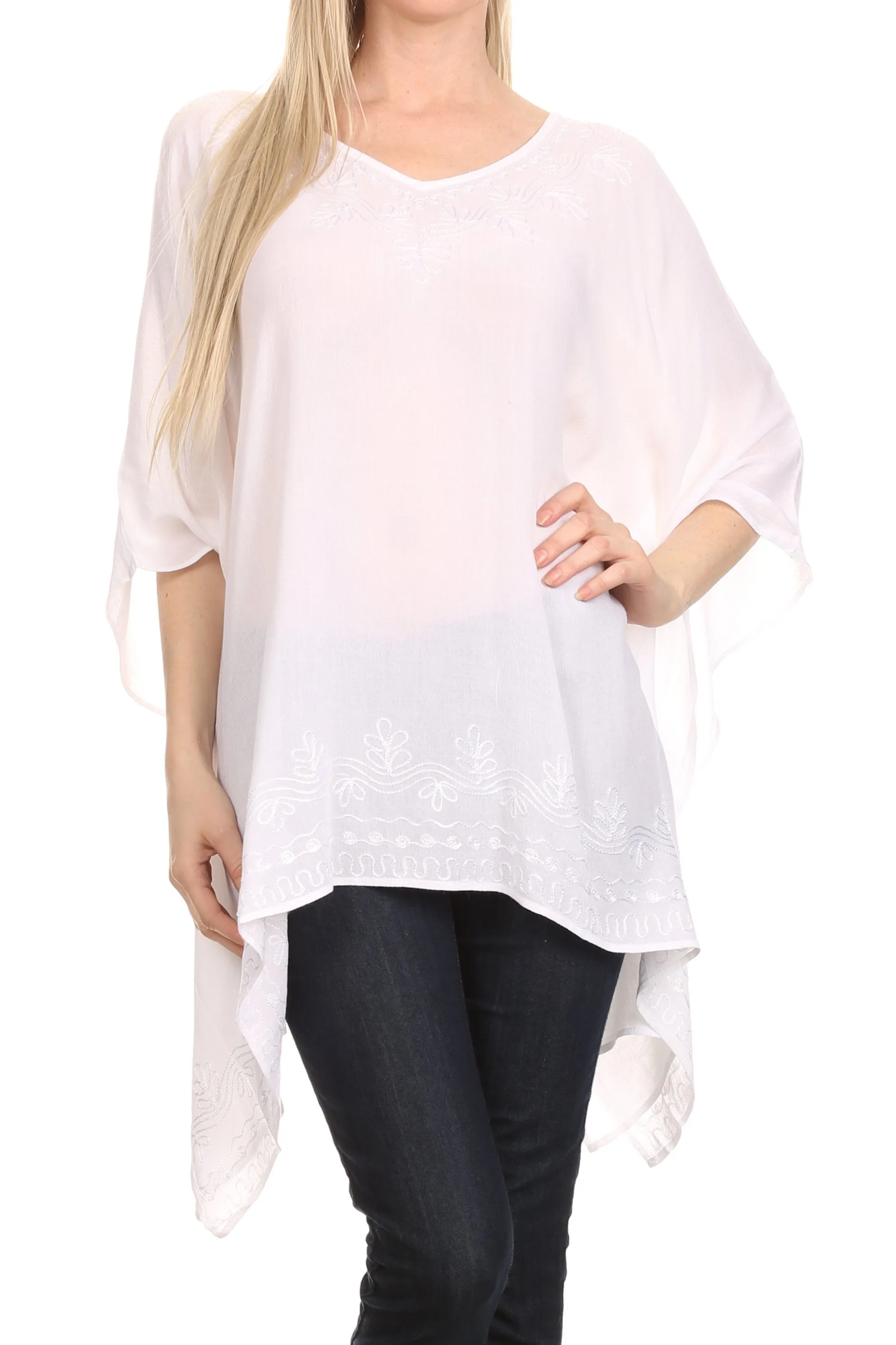 Sakkas Wren Lightweight Circle Poncho Top Blouse With Detailed Embroidery