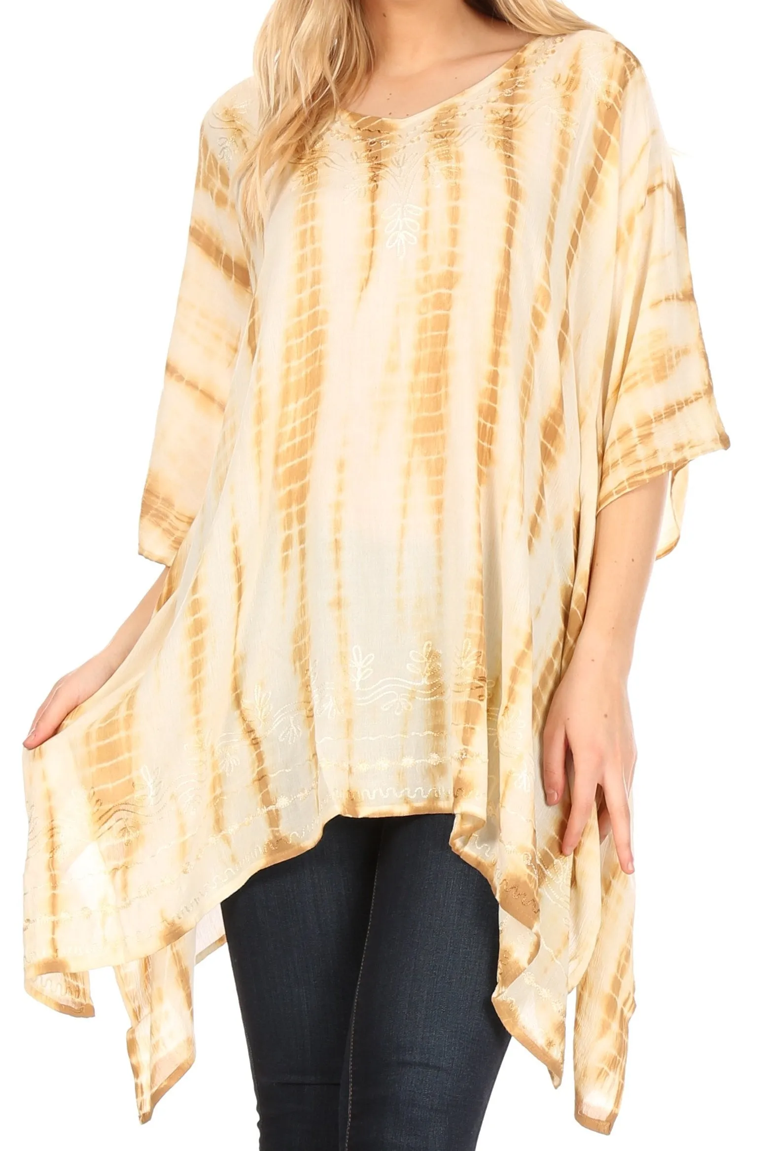 Sakkas Wren Lightweight Circle Poncho Top Blouse With Detailed Embroidery