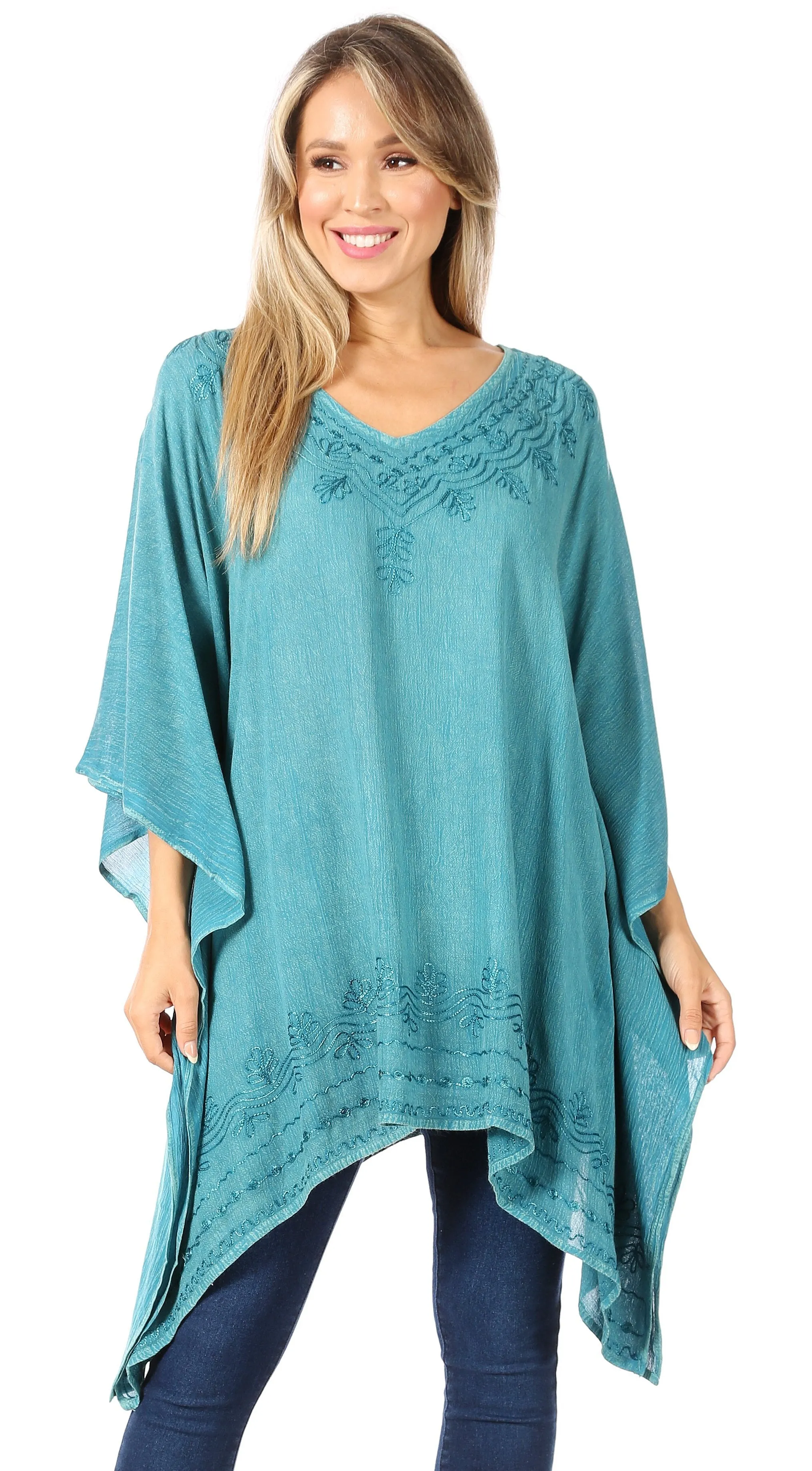 Sakkas Wren Lightweight Circle Poncho Top Blouse With Detailed Embroidery