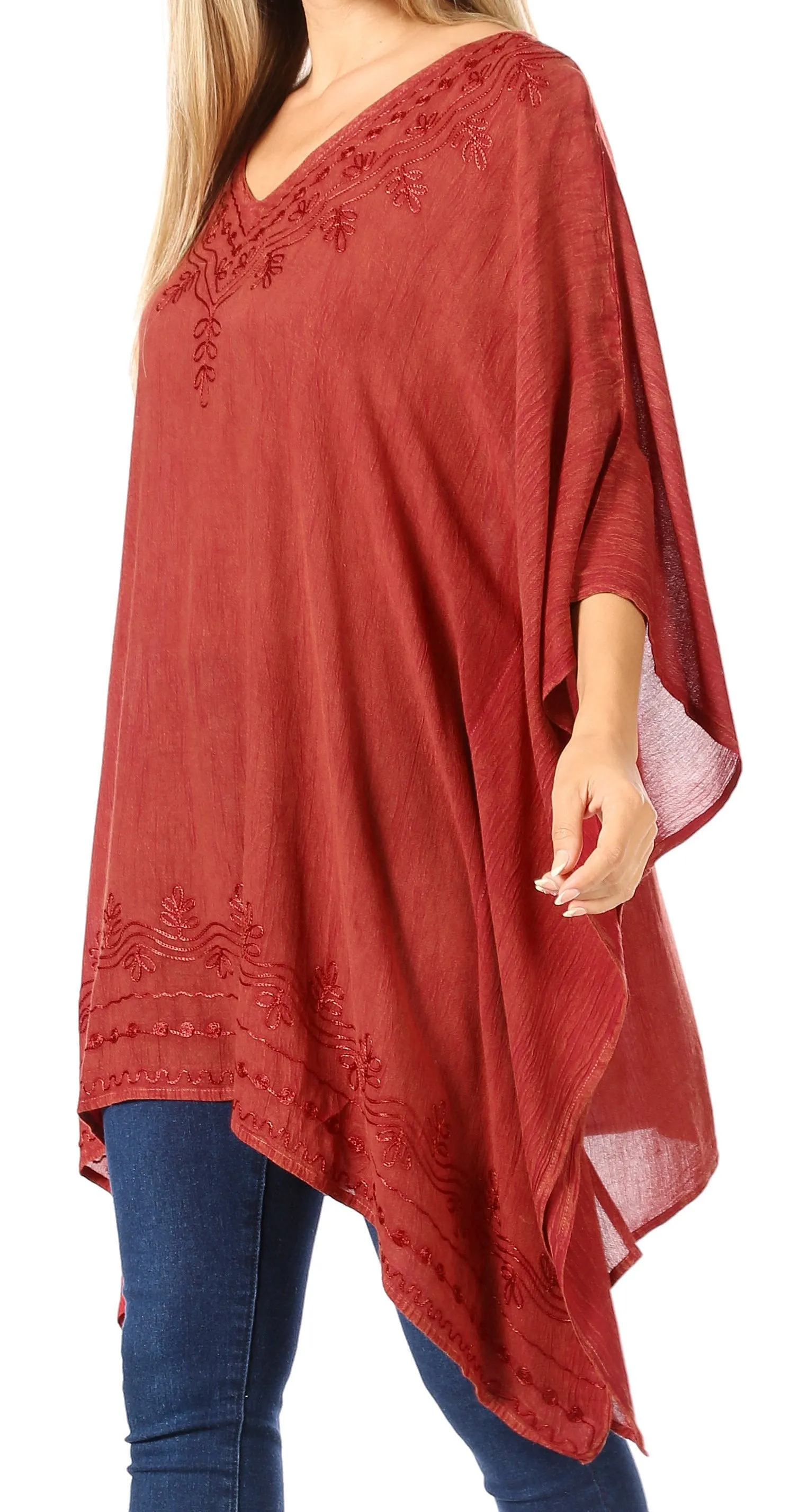 Sakkas Wren Lightweight Circle Poncho Top Blouse With Detailed Embroidery