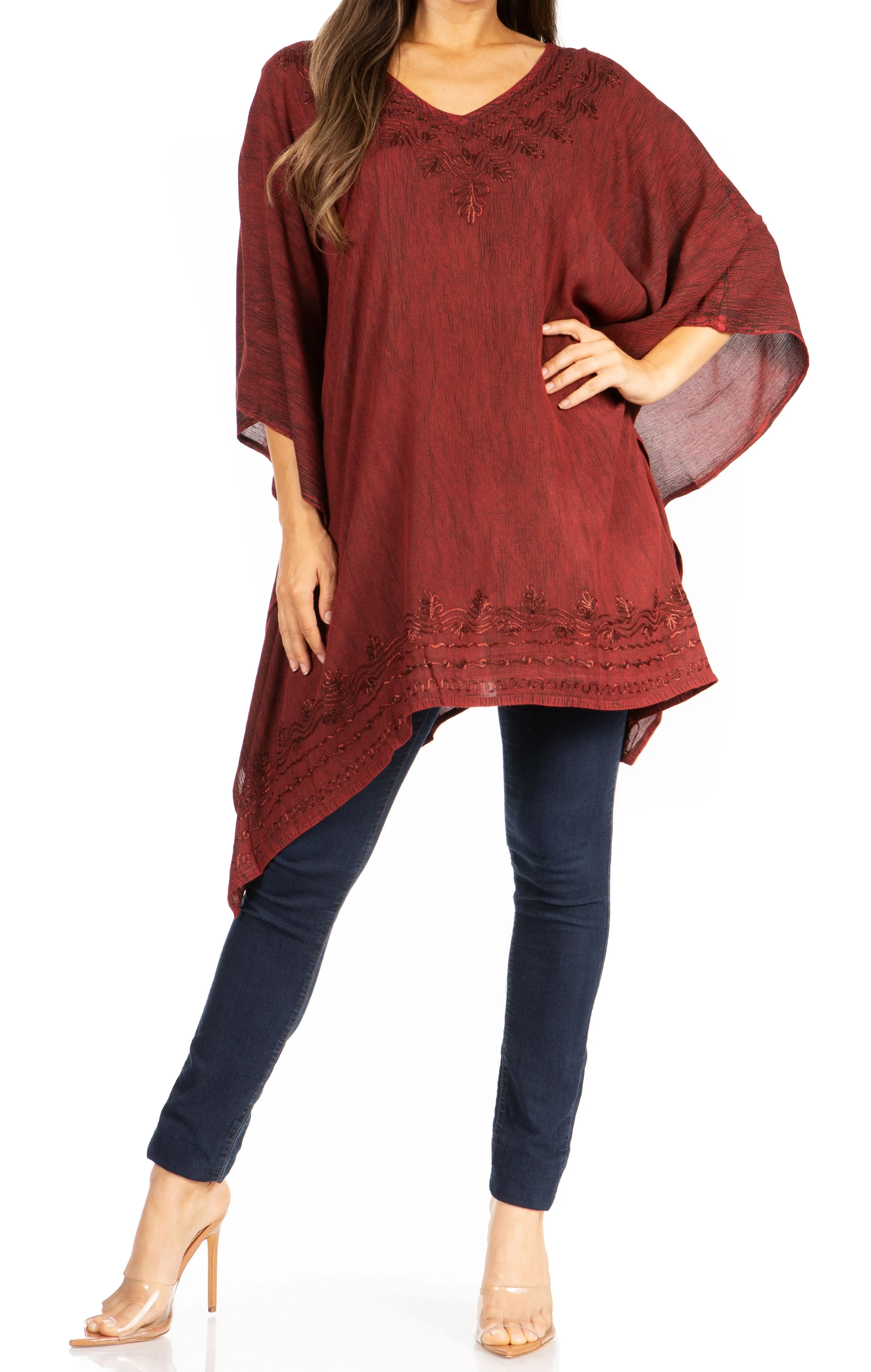 Sakkas Wren Lightweight Circle Poncho Top Blouse With Detailed Embroidery