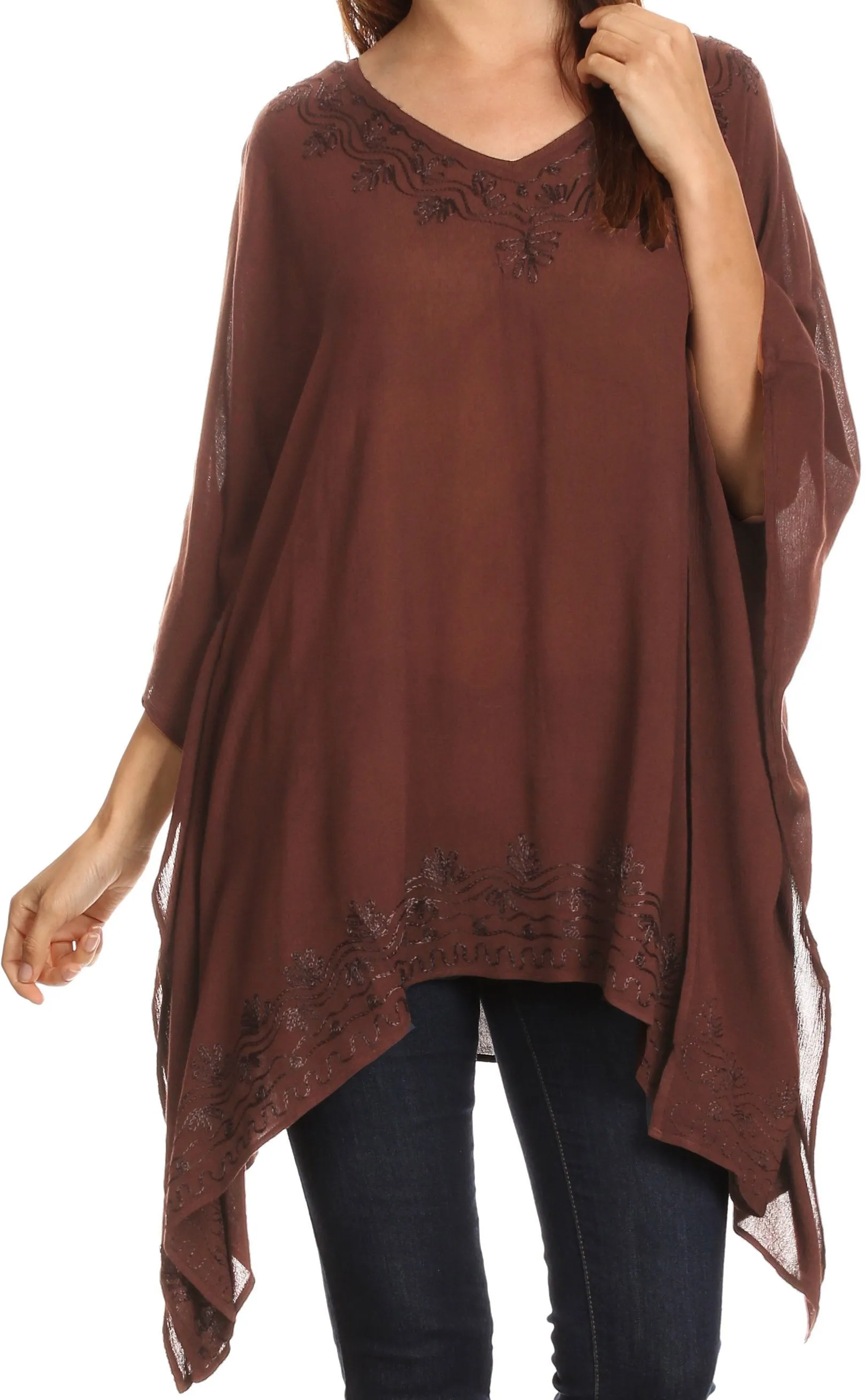 Sakkas Wren Lightweight Circle Poncho Top Blouse With Detailed Embroidery