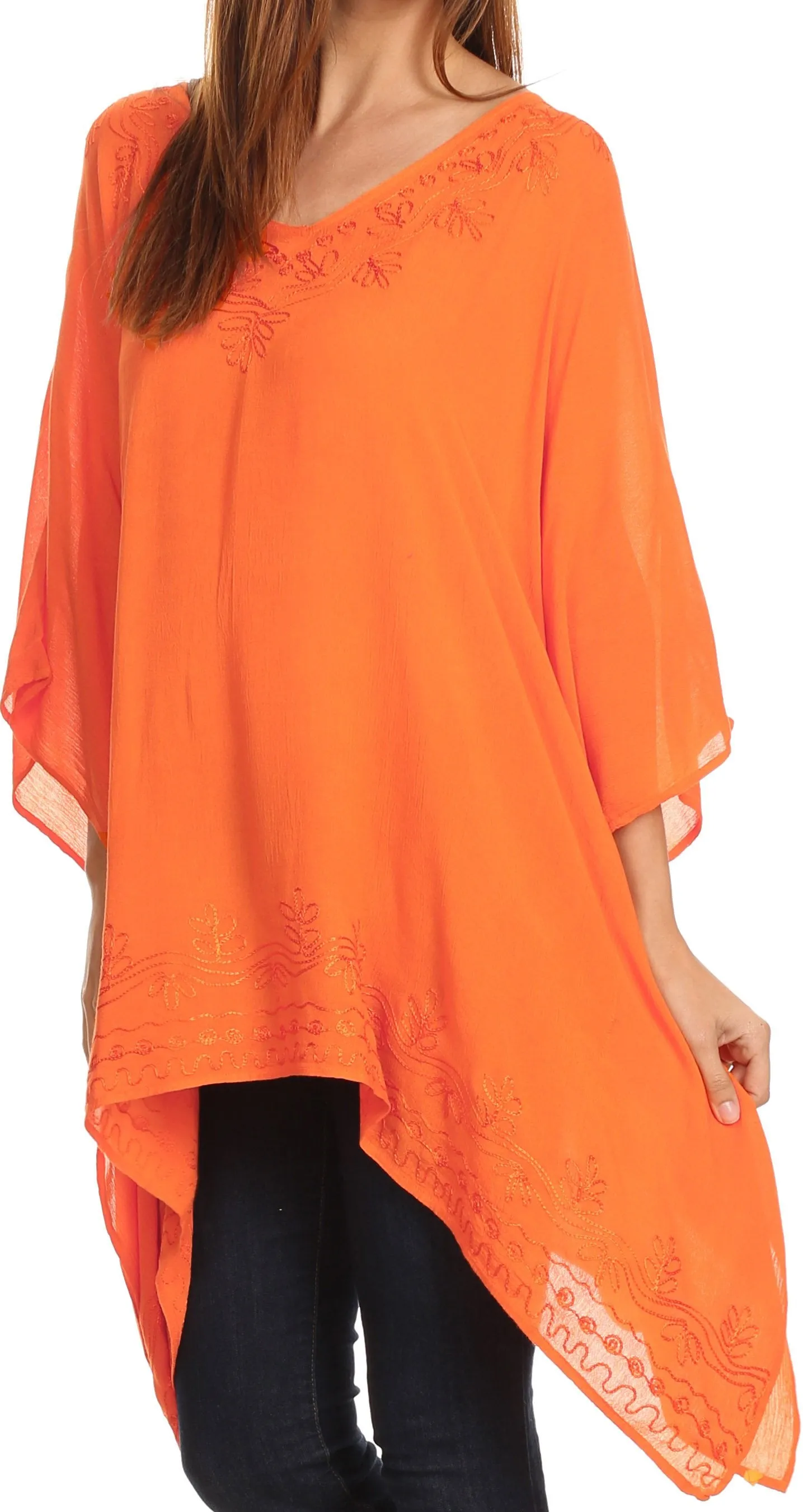 Sakkas Wren Lightweight Circle Poncho Top Blouse With Detailed Embroidery