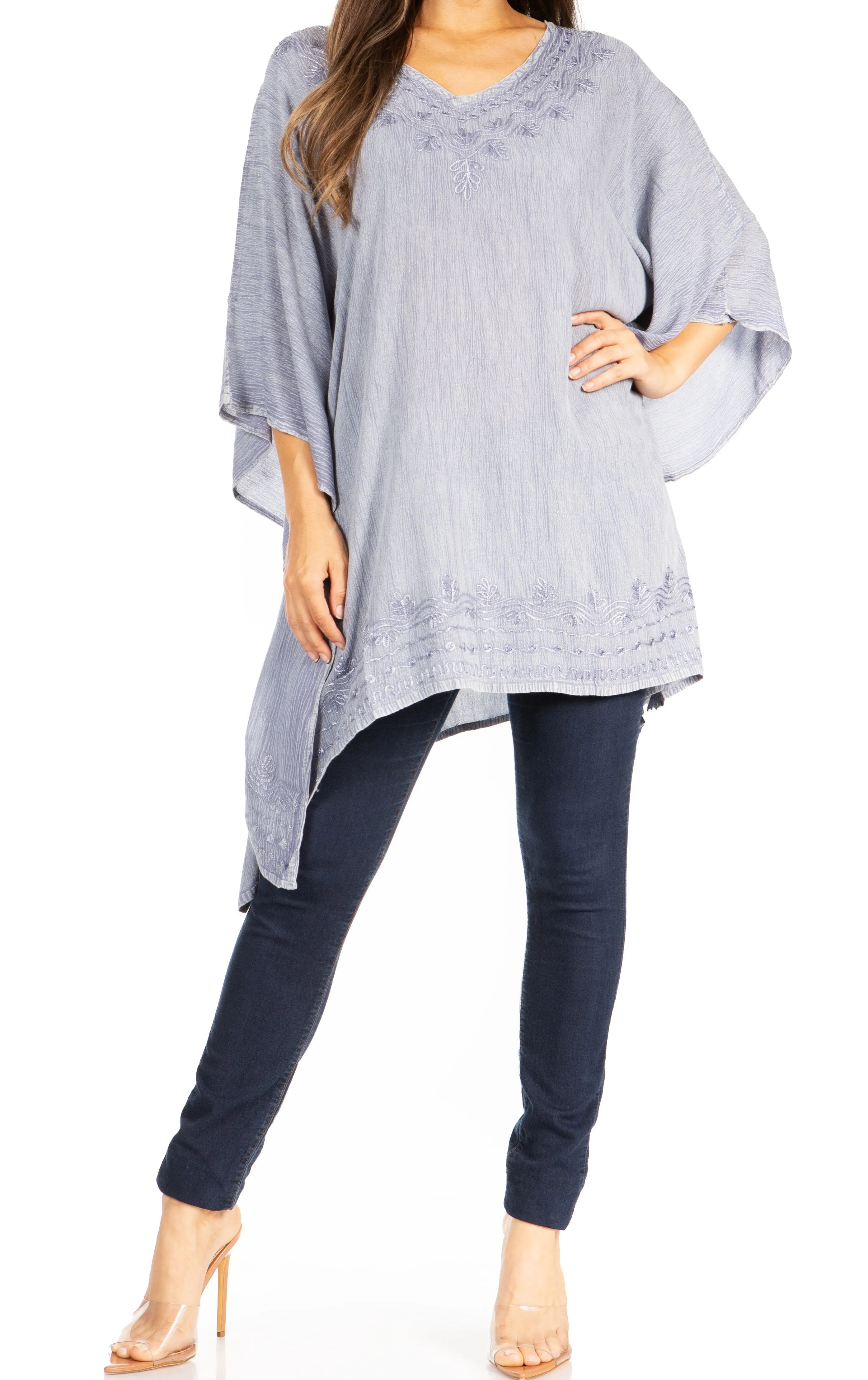 Sakkas Wren Lightweight Circle Poncho Top Blouse With Detailed Embroidery