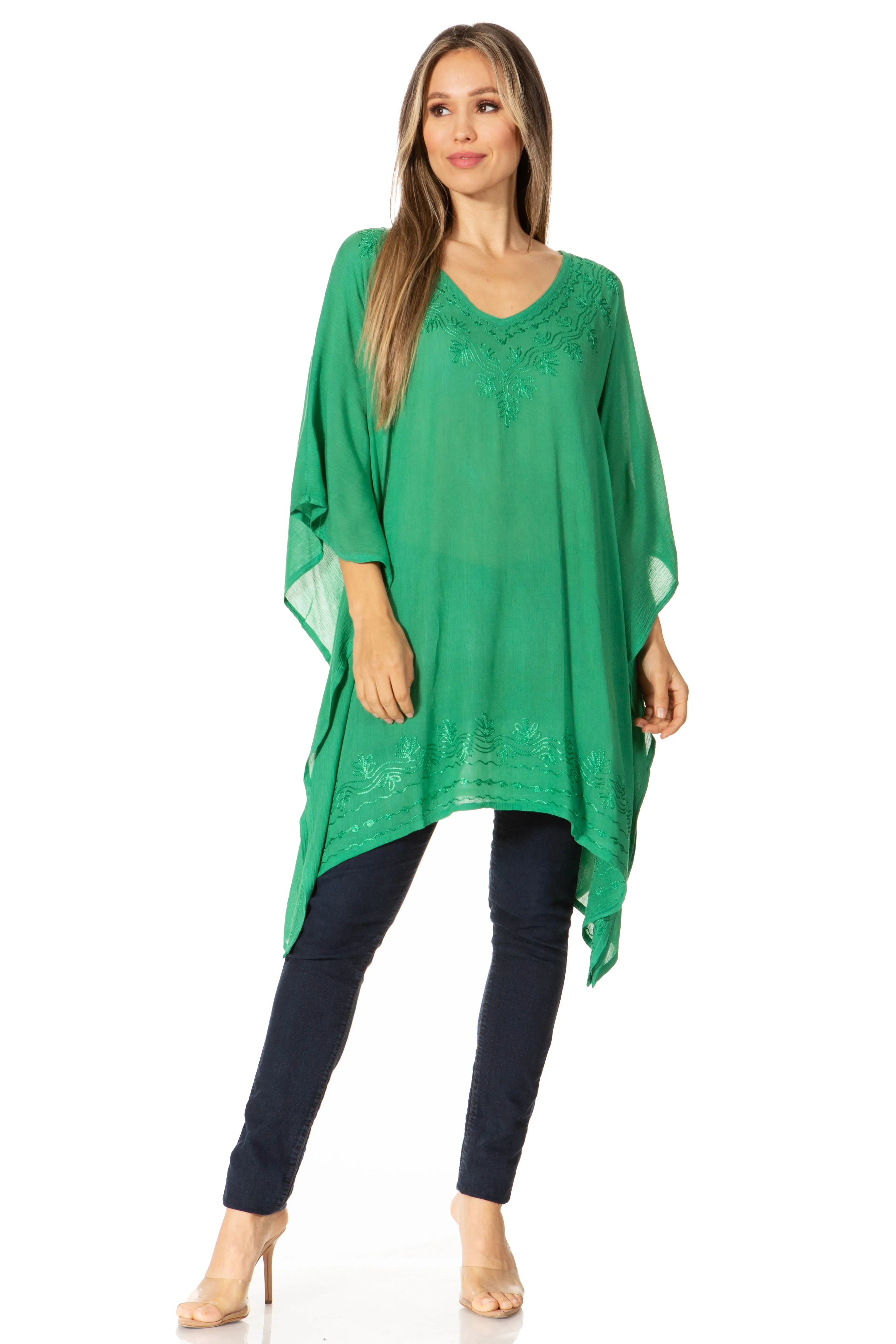 Sakkas Wren Lightweight Circle Poncho Top Blouse With Detailed Embroidery