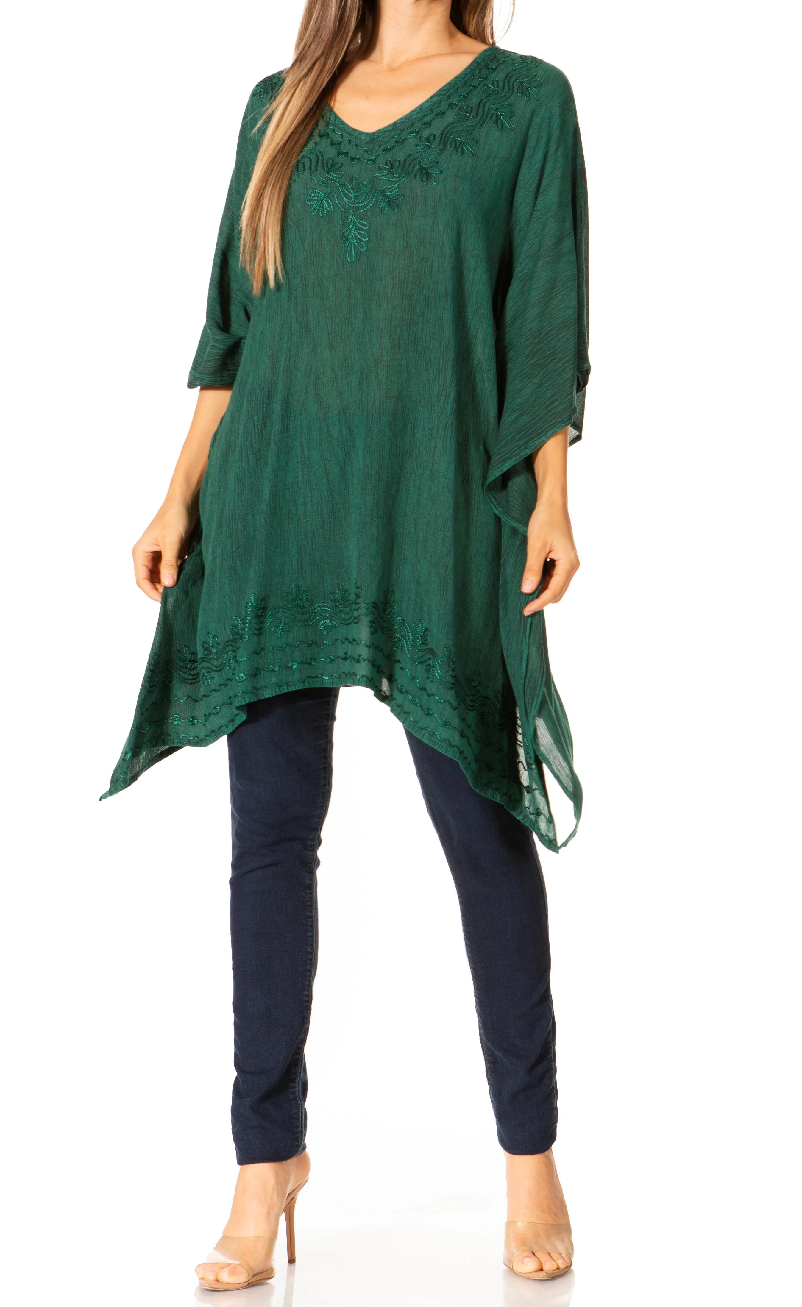 Sakkas Wren Lightweight Circle Poncho Top Blouse With Detailed Embroidery